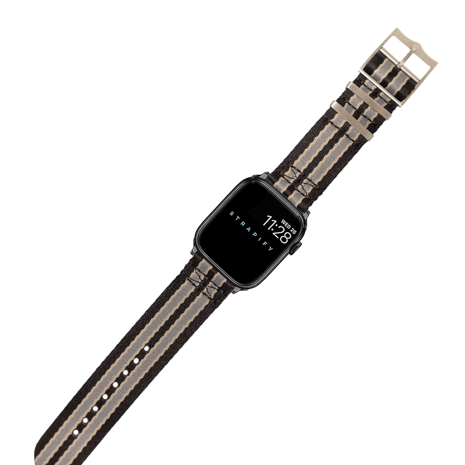 Black smartwatch with striped tactical fabric band in beige and grey, displaying time on square digital display with metal buckle closure
