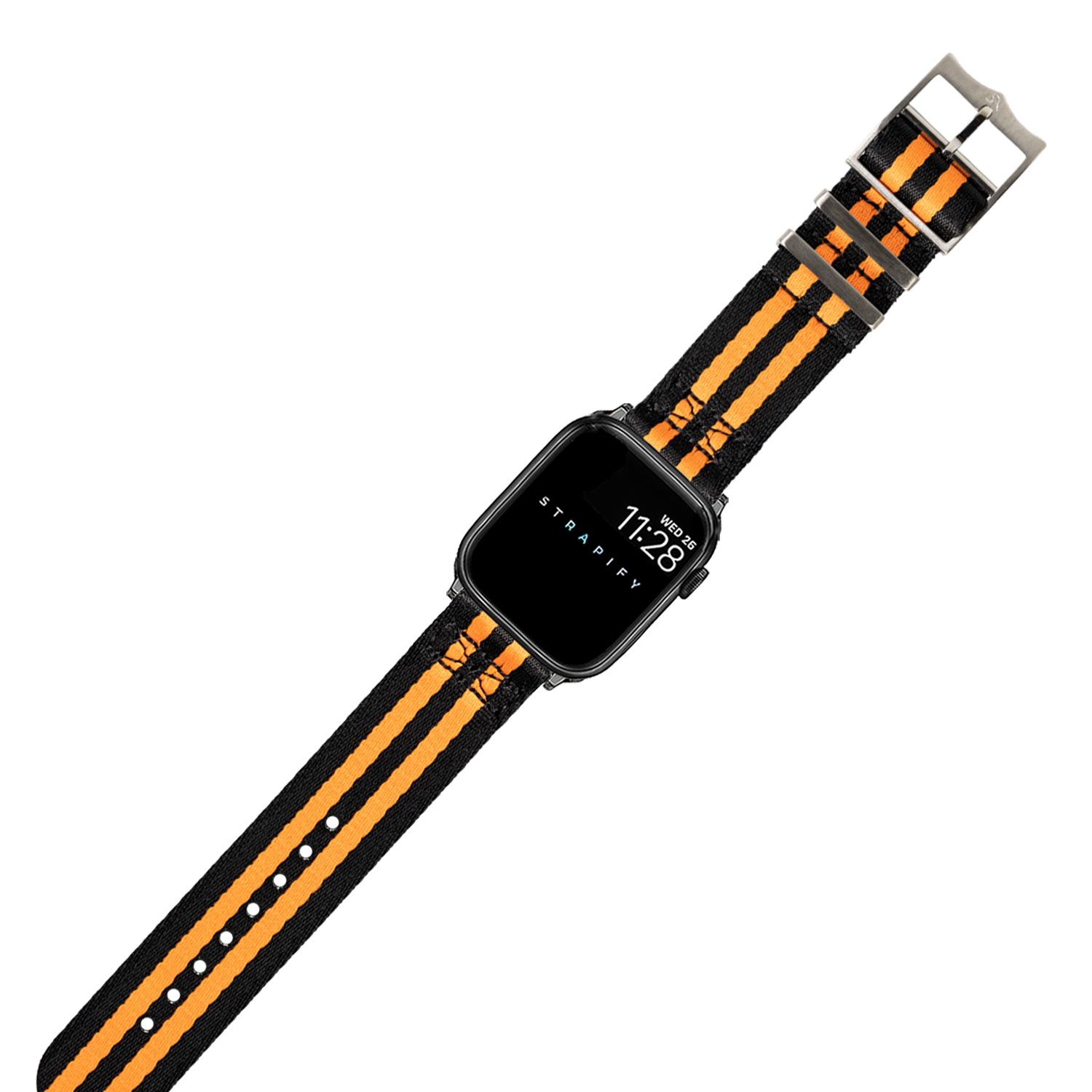 Black and orange striped canvas smartwatch band with metal buckle for Apple Watch, military-style tactical design