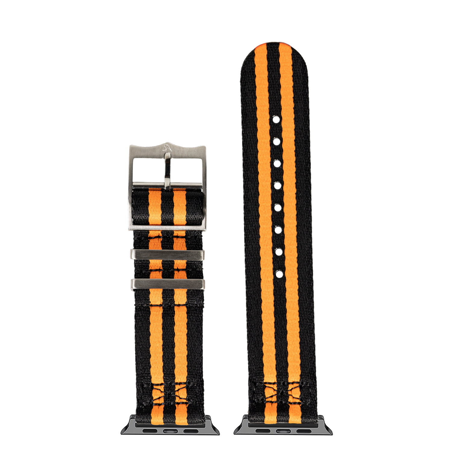 Black and orange striped fabric watch band with gunmetal hardware, shown assembled and unassembled for Apple Watch Ultra
