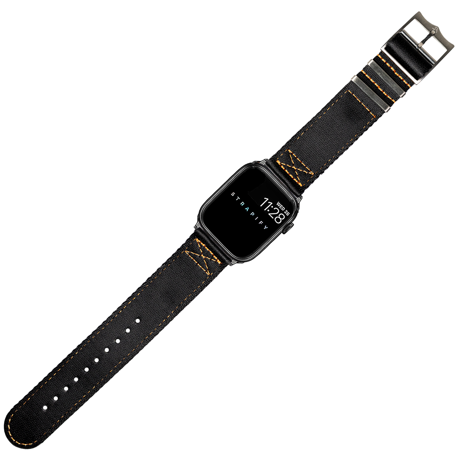Black canvas smartwatch band with orange stitching and metal buckle for Apple Watch Ultra