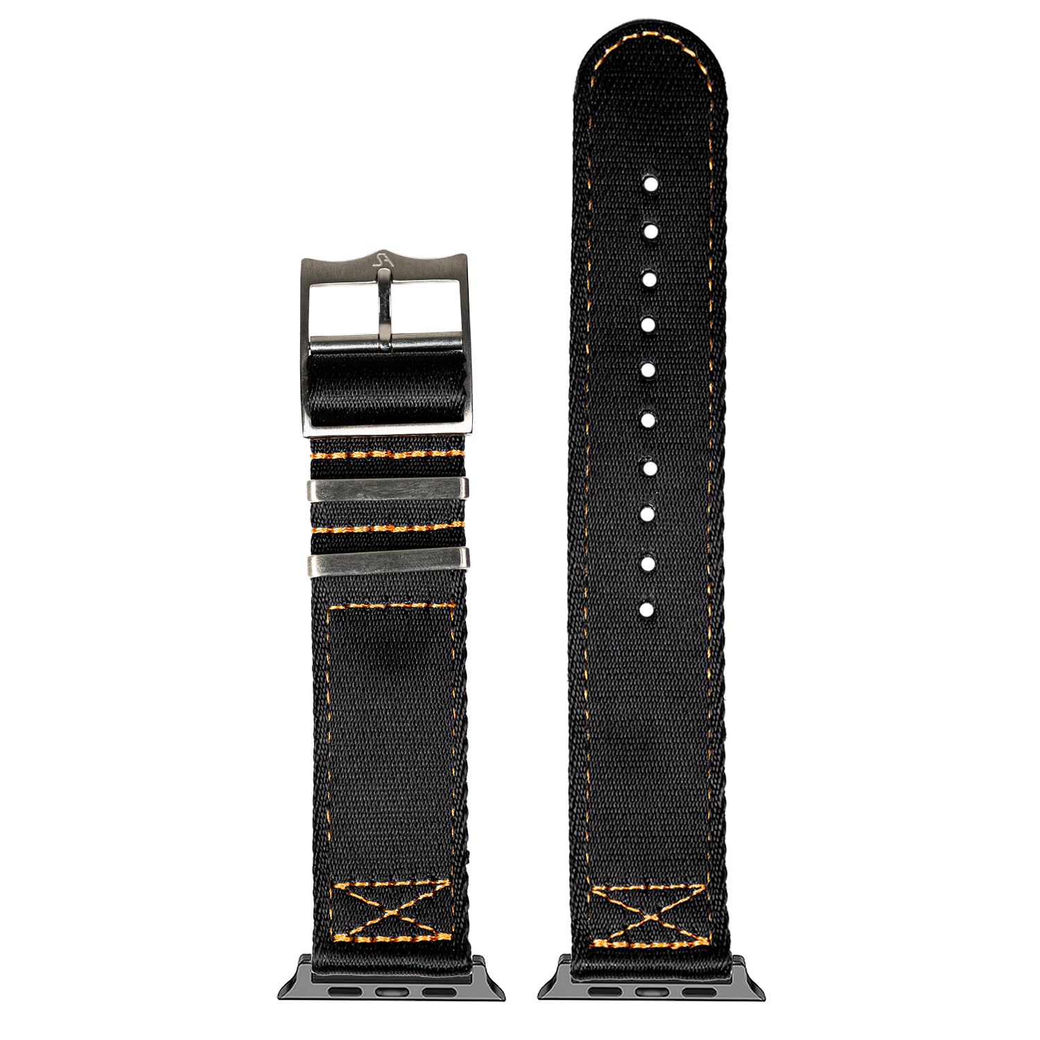 Black canvas smartwatch band with gold stitching, gunmetal buckle, and adjustable length for Apple Watch Ultra