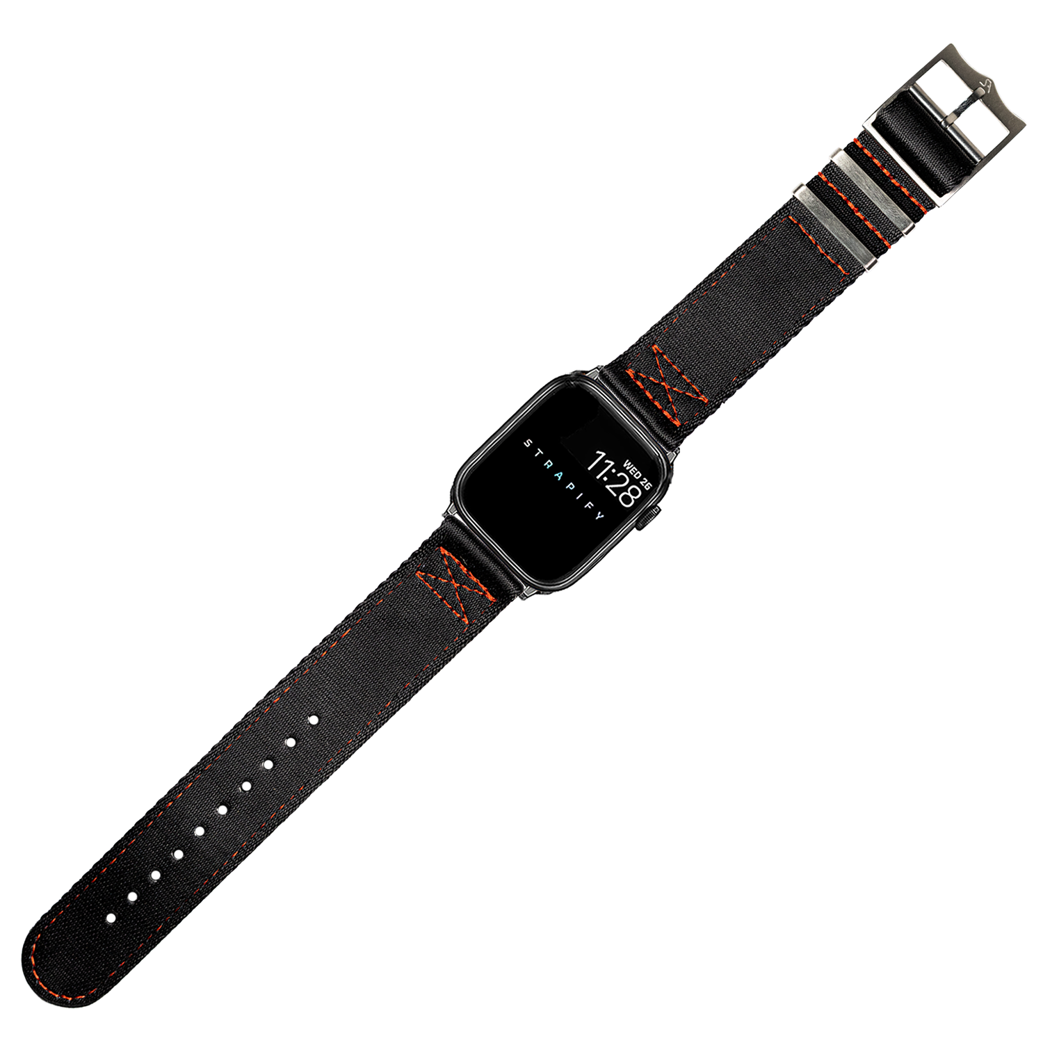 Black canvas smartwatch band with red stitching, metal square buckle, and striped detail for Apple Watch Ultra