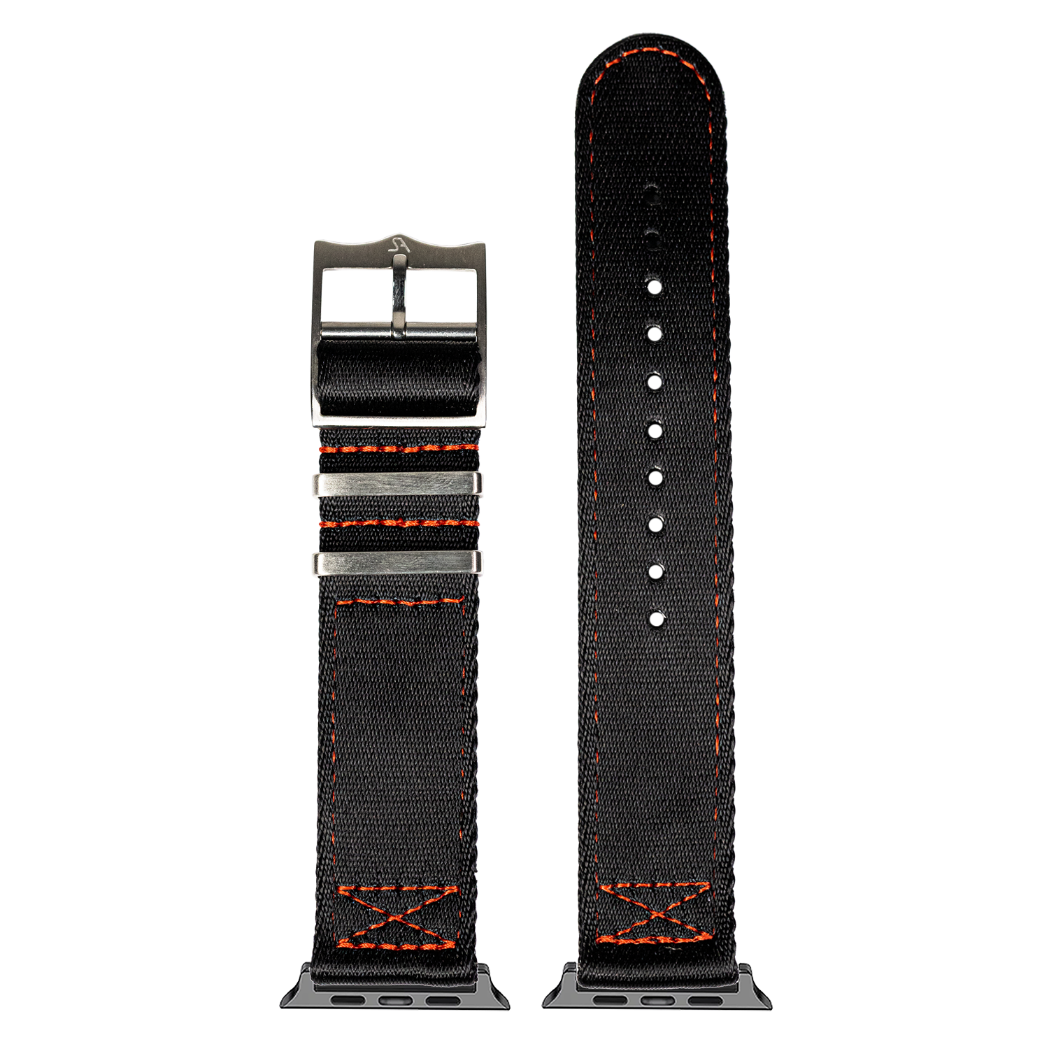 Black canvas smartwatch band with orange stitching, metal buckle and connector lugs, military-style design