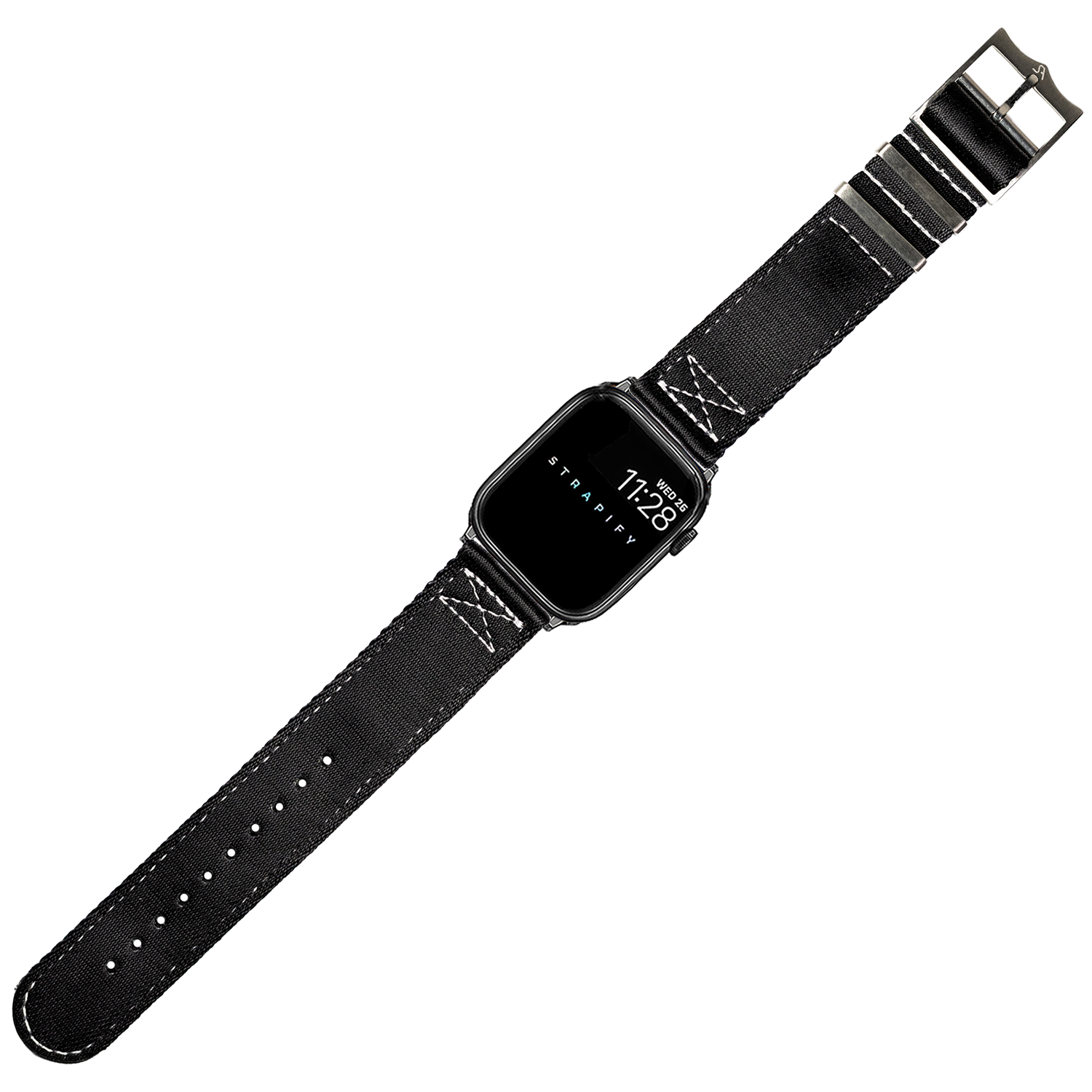 Black tactical smartwatch with white stitching canvas band and metal buckle, military-style digital watch