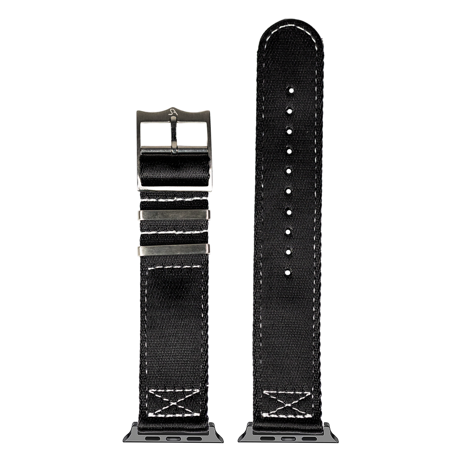 Black fabric smartwatch band with white stitching, metal buckle, and adjustment holes, shown assembled and unassembled