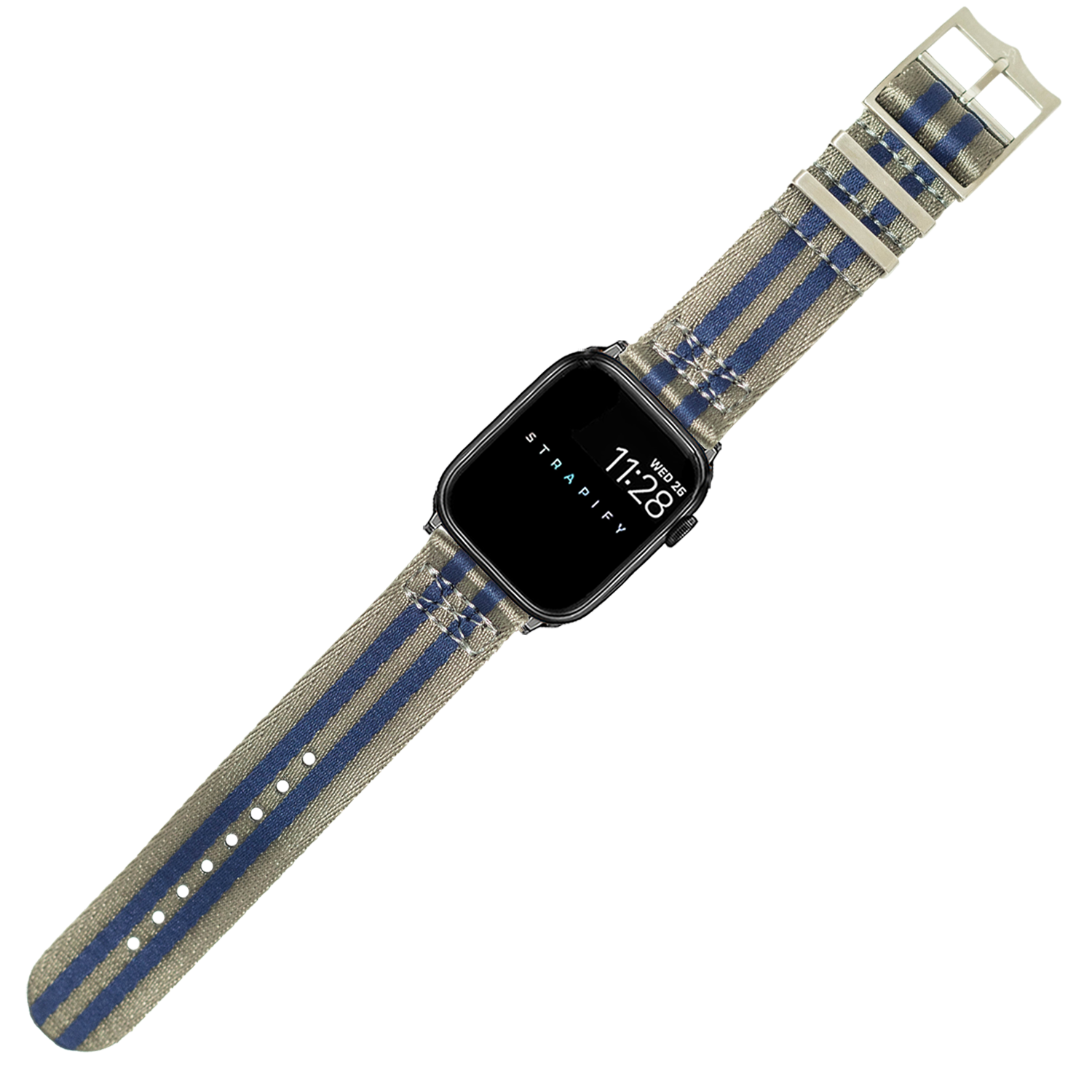 Black smartwatch with blue and gray striped fabric band, displaying time on square face, Stradivary branding visible