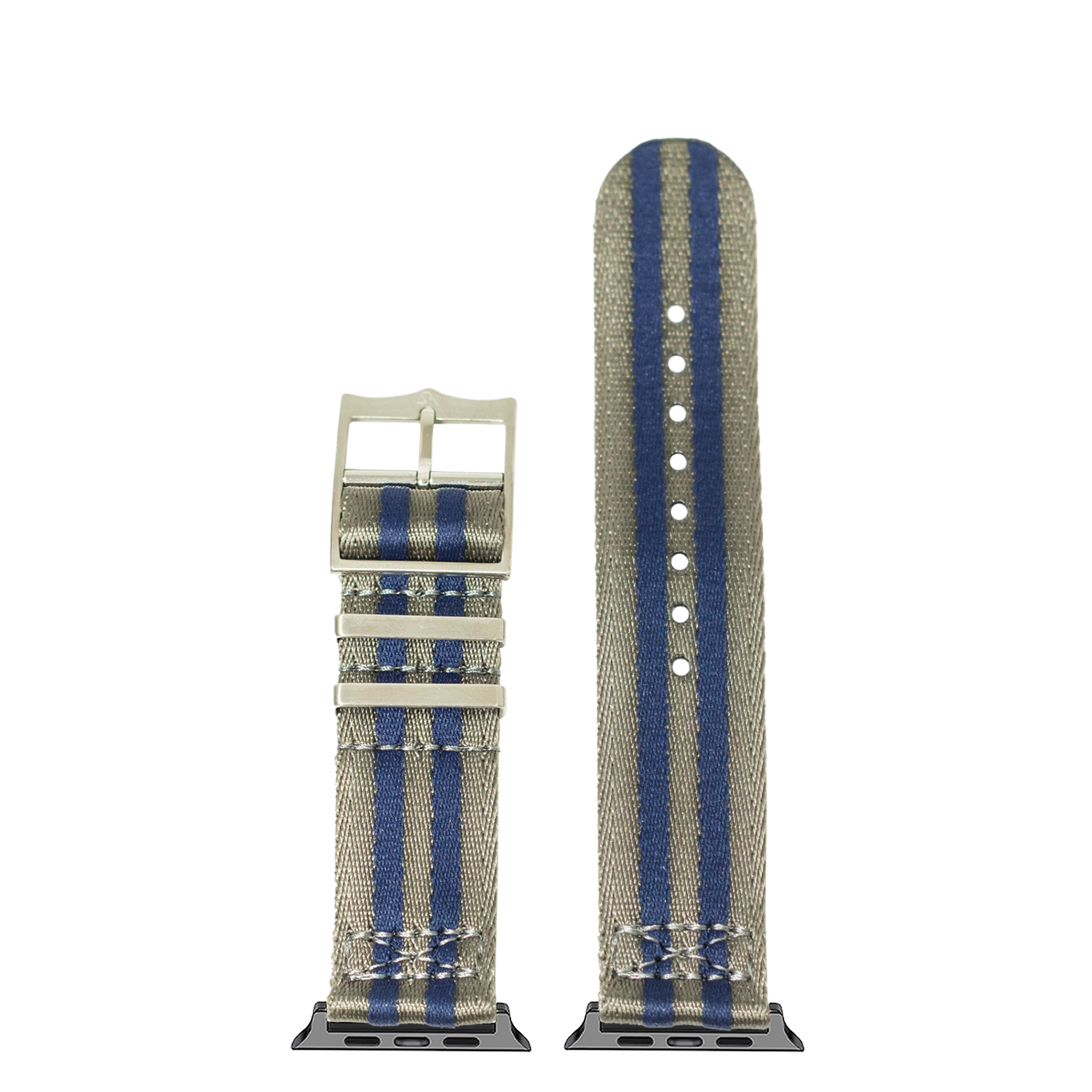 Blue and tan striped fabric Apple Watch band with steel buckle and connector lugs, military-style design shown assembled and unassembled
