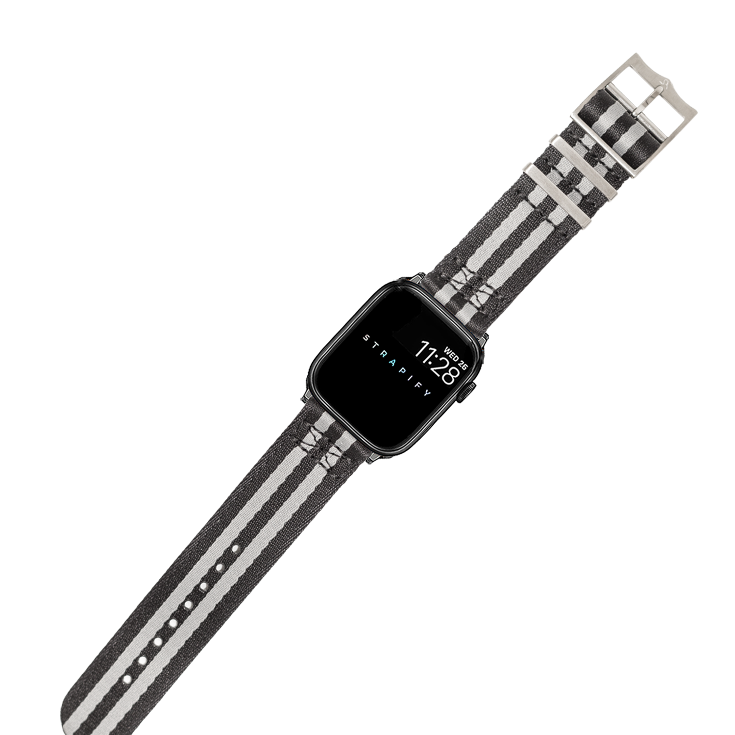 Black and grey striped fabric watch band with metal buckle for Apple Watch Ultra, displaying time 11:28