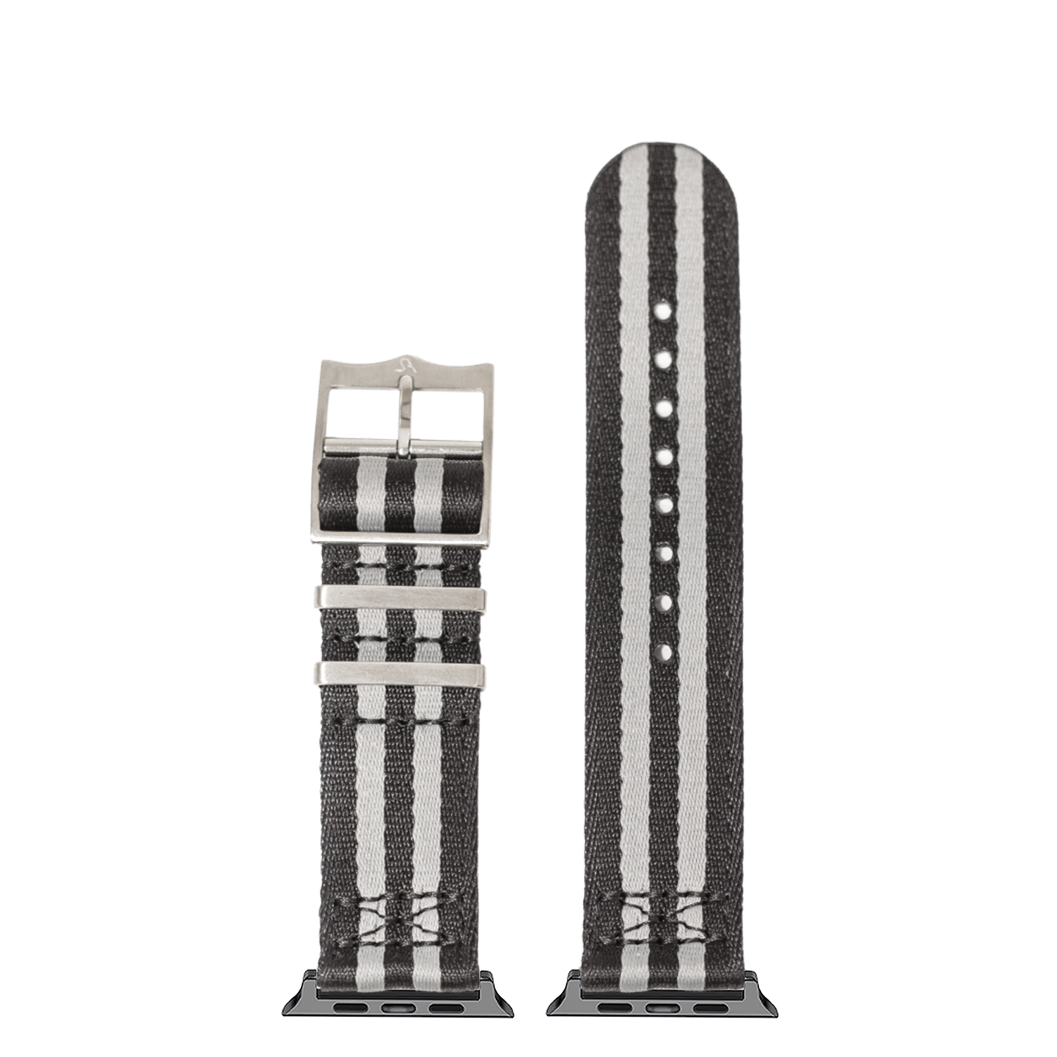 Black and grey striped woven watch band with silver buckle for Apple Watch, shown extended and coiled, military-style design
