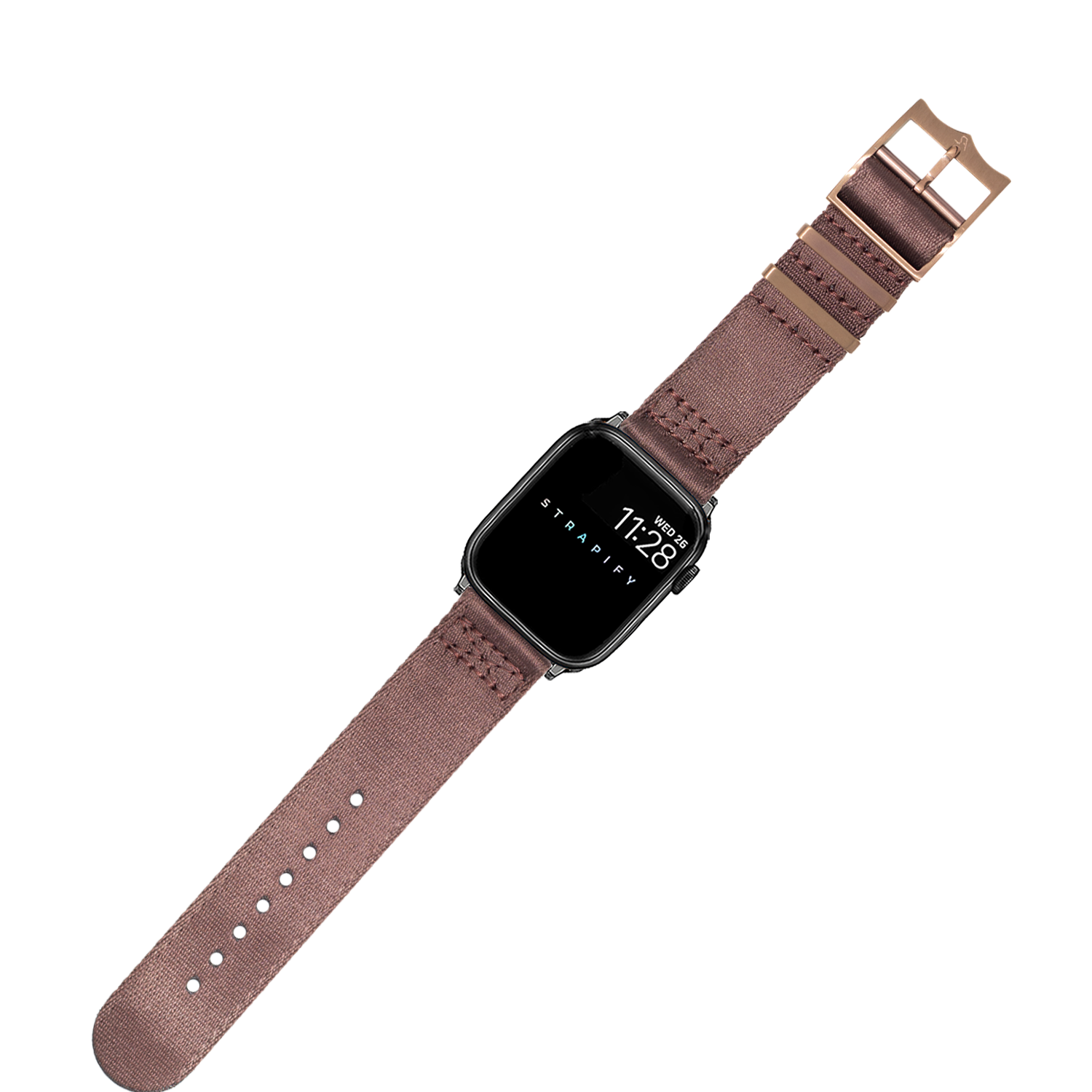 Coffee brown fabric smartwatch band with rose gold buckle and adjustment holes, compatible with Apple Watch models