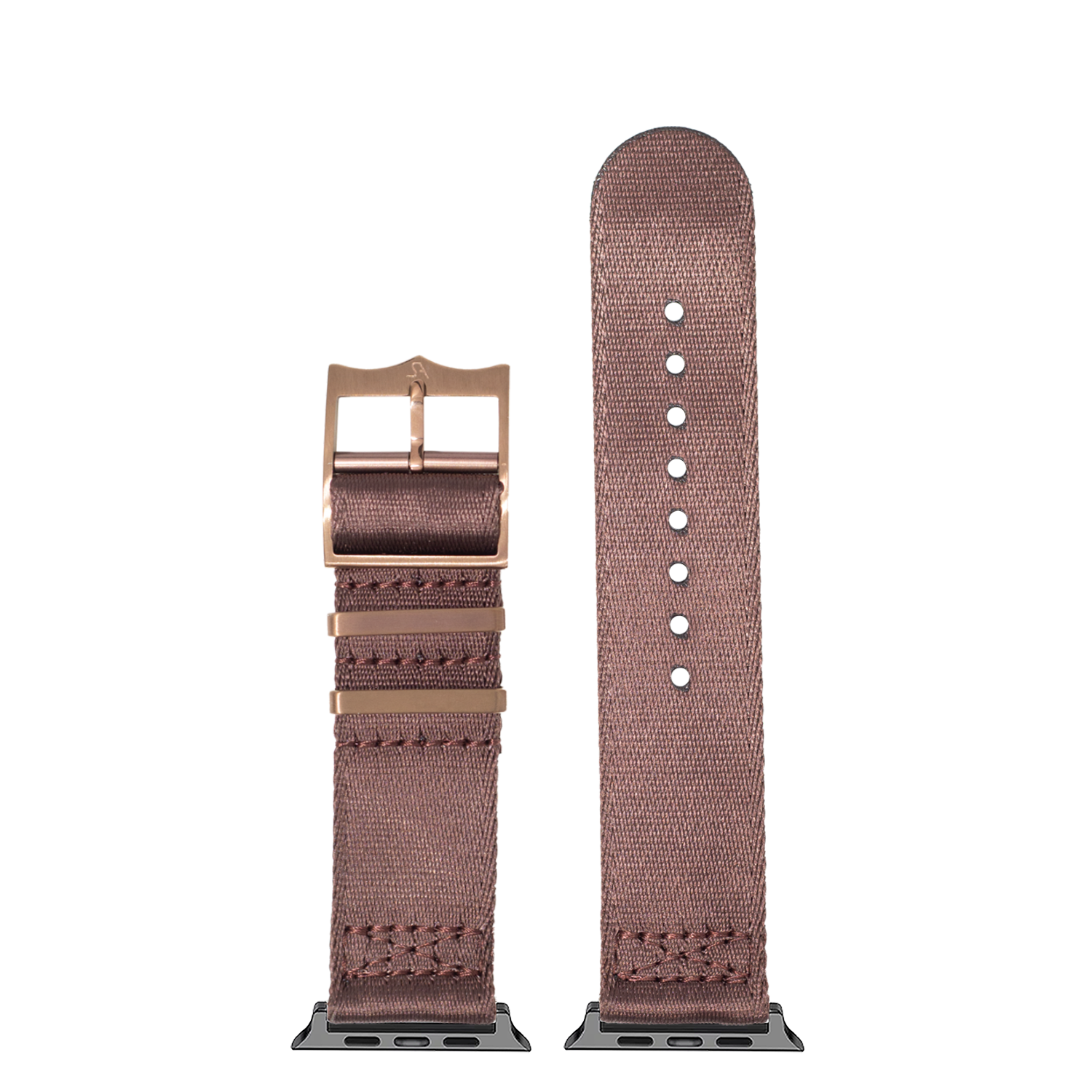 Brown canvas smartwatch band with adjustable buckle, stainless steel hardware, and multiple adjustment holes for Apple Watch Ultra