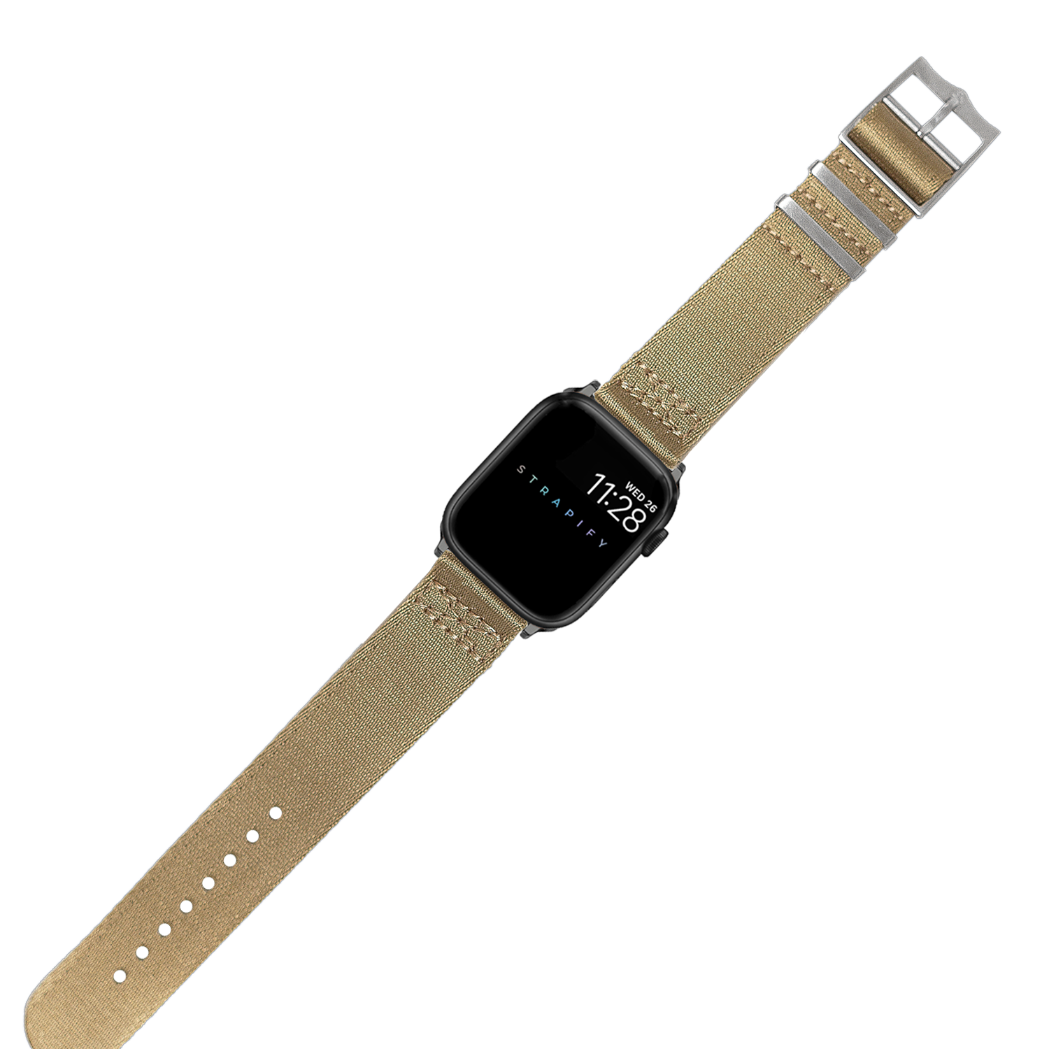 Black smartwatch with desert sand canvas band and metal hardware, displayed flat against white background