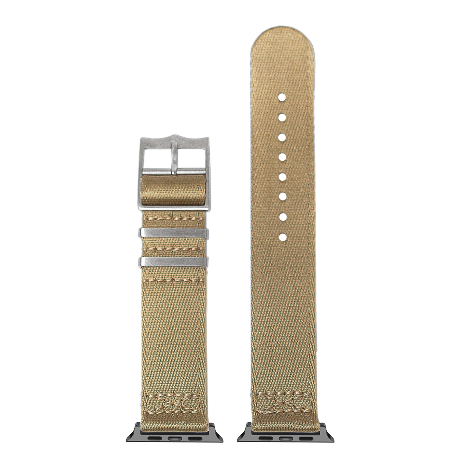 Tan fabric Apple Watch band with silver buckle and connector hardware, showing adjustable hole pattern design