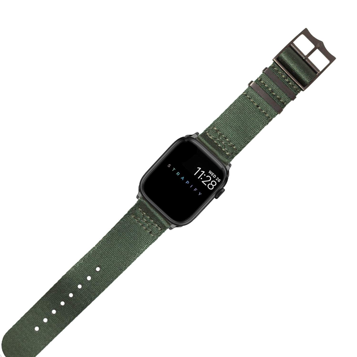Black smartwatch with forest green textile strap and black hardware buckle displaying time 11:28
