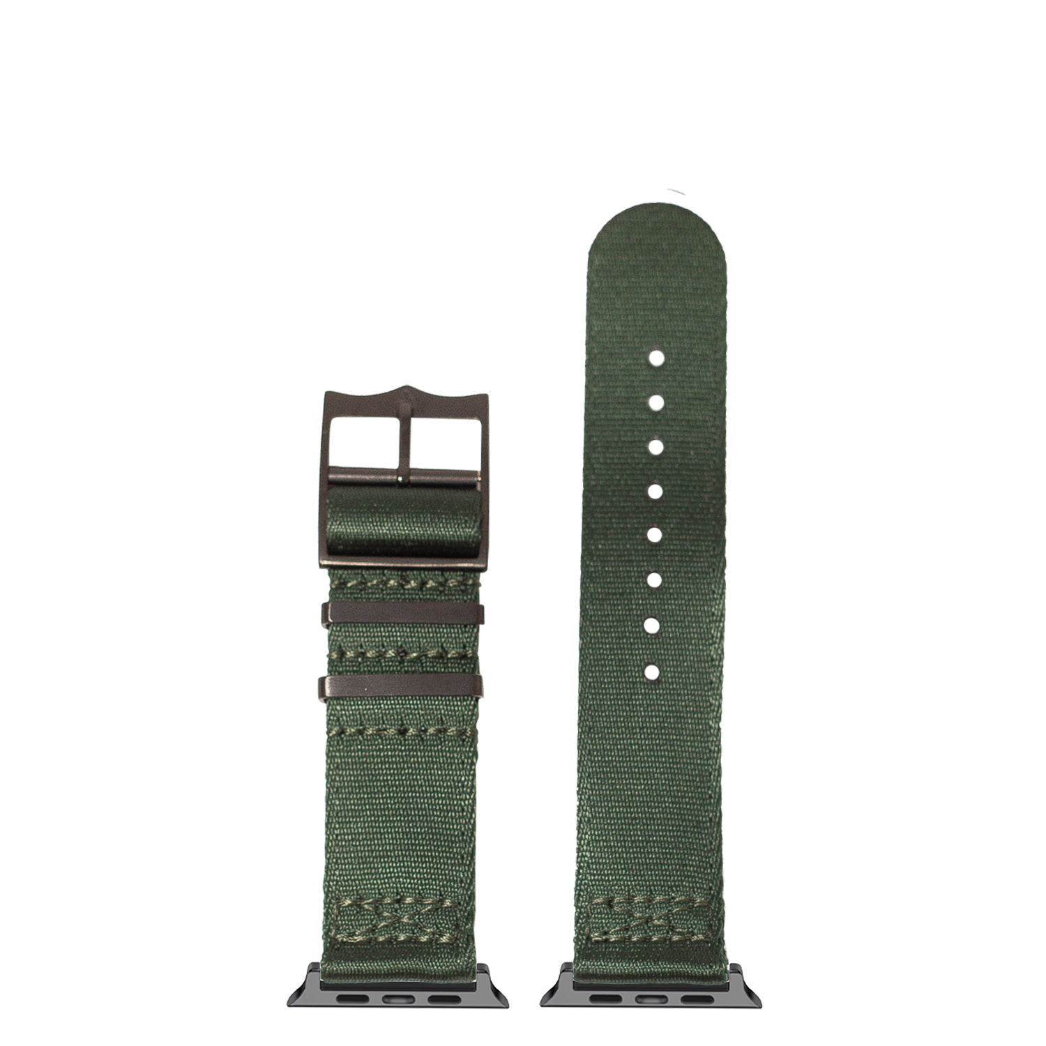 Green canvas Apple Watch band with black hardware and adjustment strap, forest military style design
