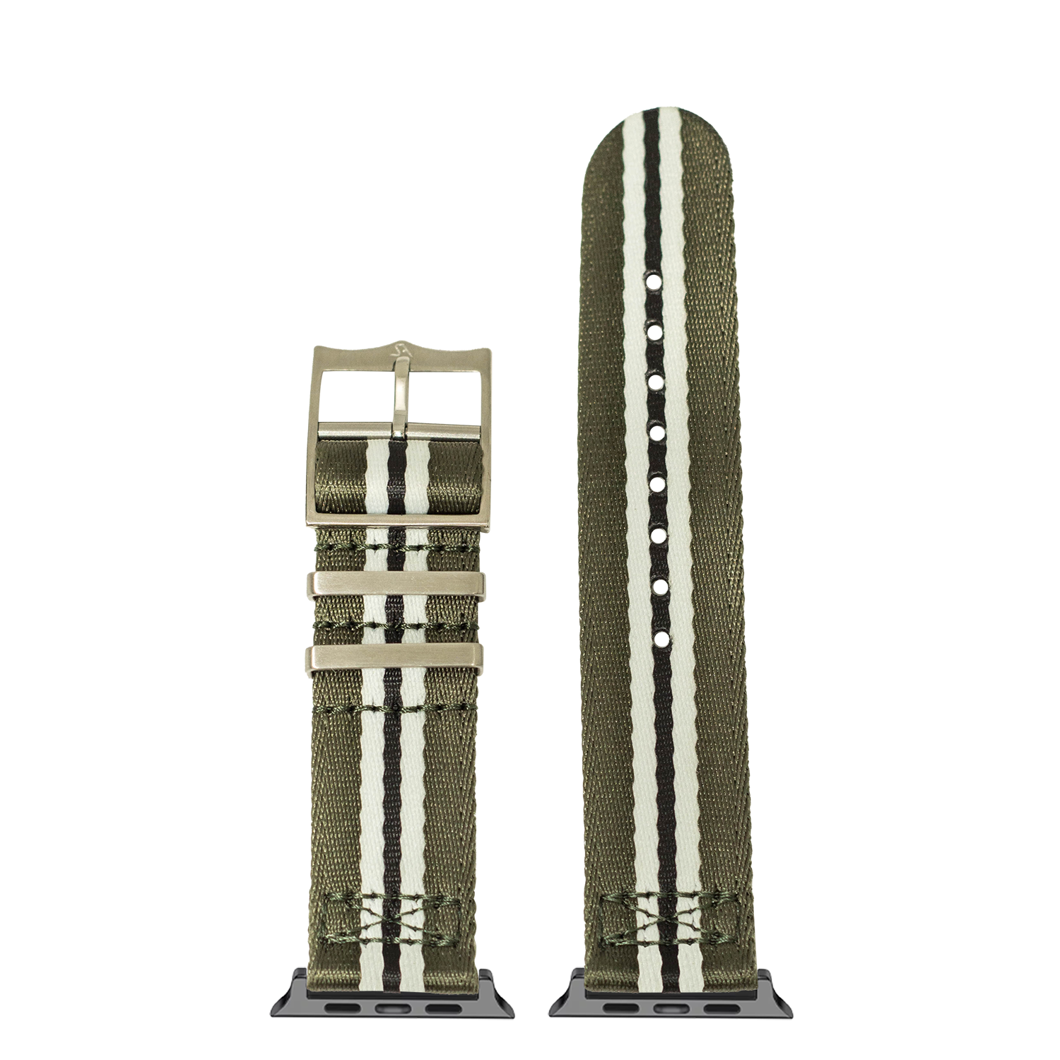 Olive green and white striped fabric Apple Watch band with metal buckle and adapter connectors shown assembled and unassembled