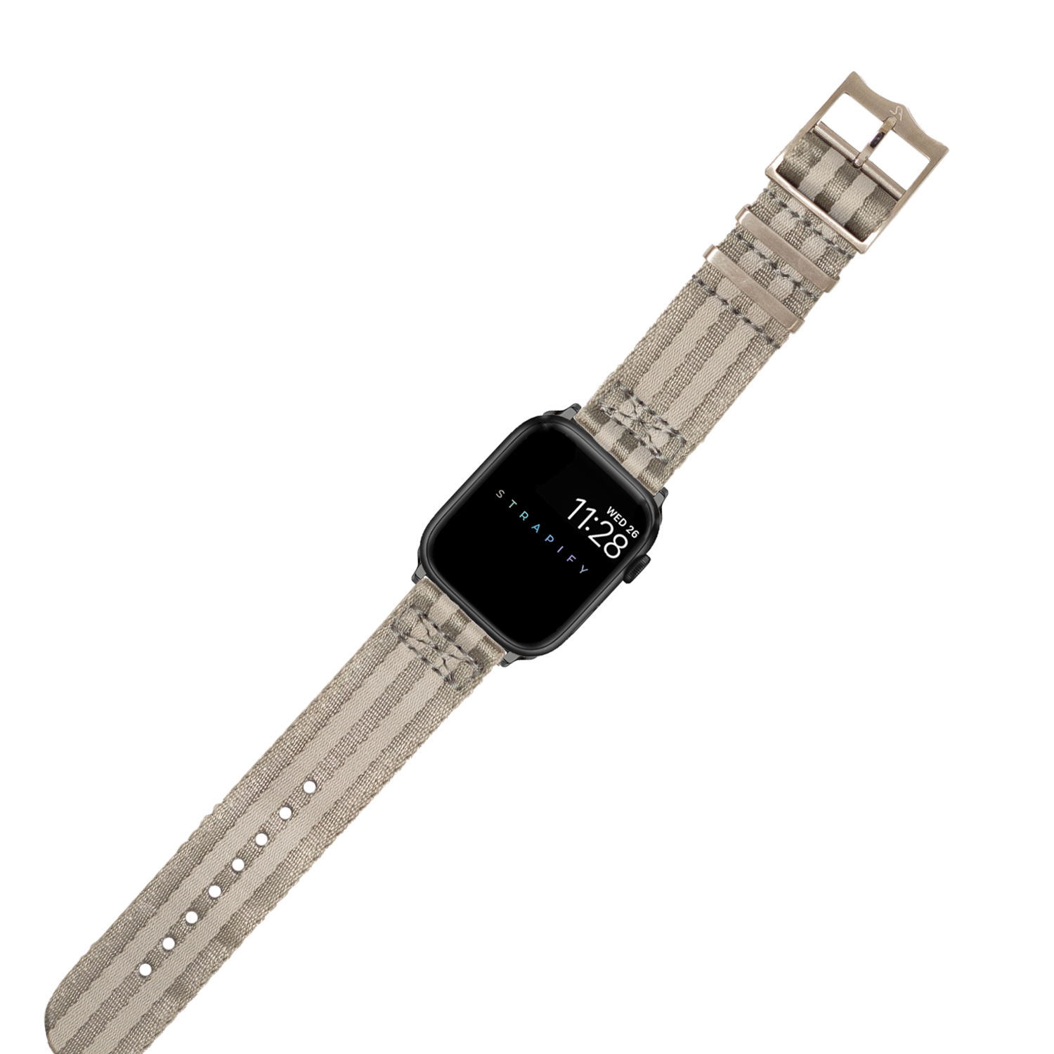 Smartwatch with square black case and grey fabric military-style band, displaying time 7:28 on black digital screen