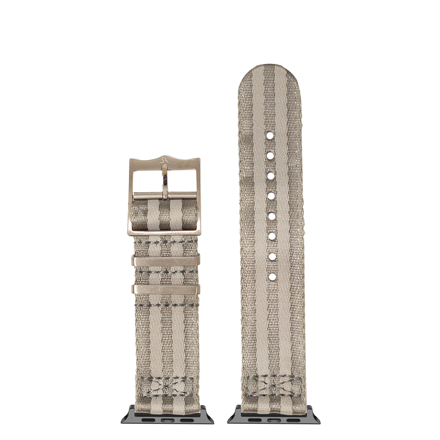 Grey and light grey woven fabric Apple Watch Ultra band with metal buckle and lugs, shown assembled and unassembled