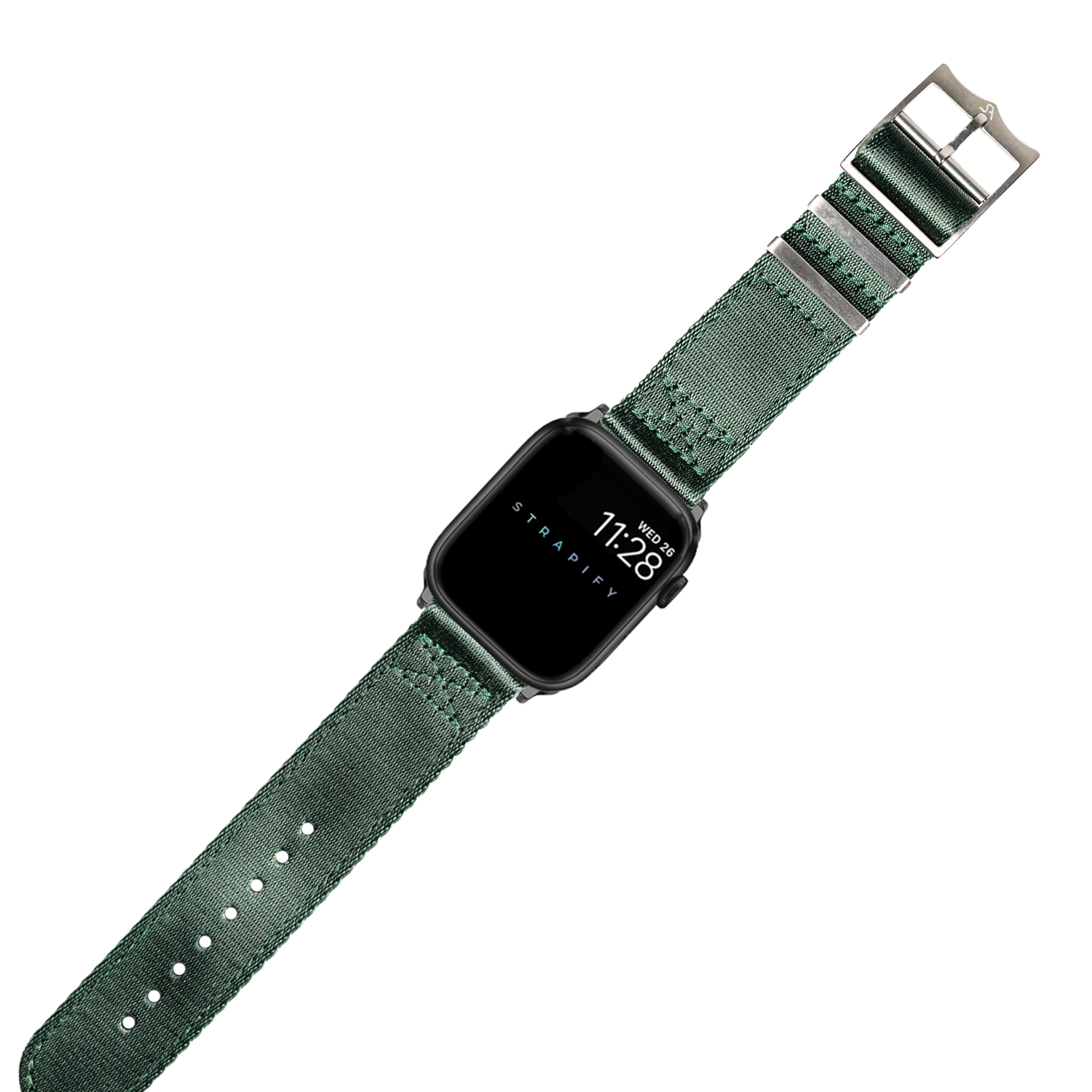 Black smartwatch with forest green fabric band and metal buckle clasp displaying time