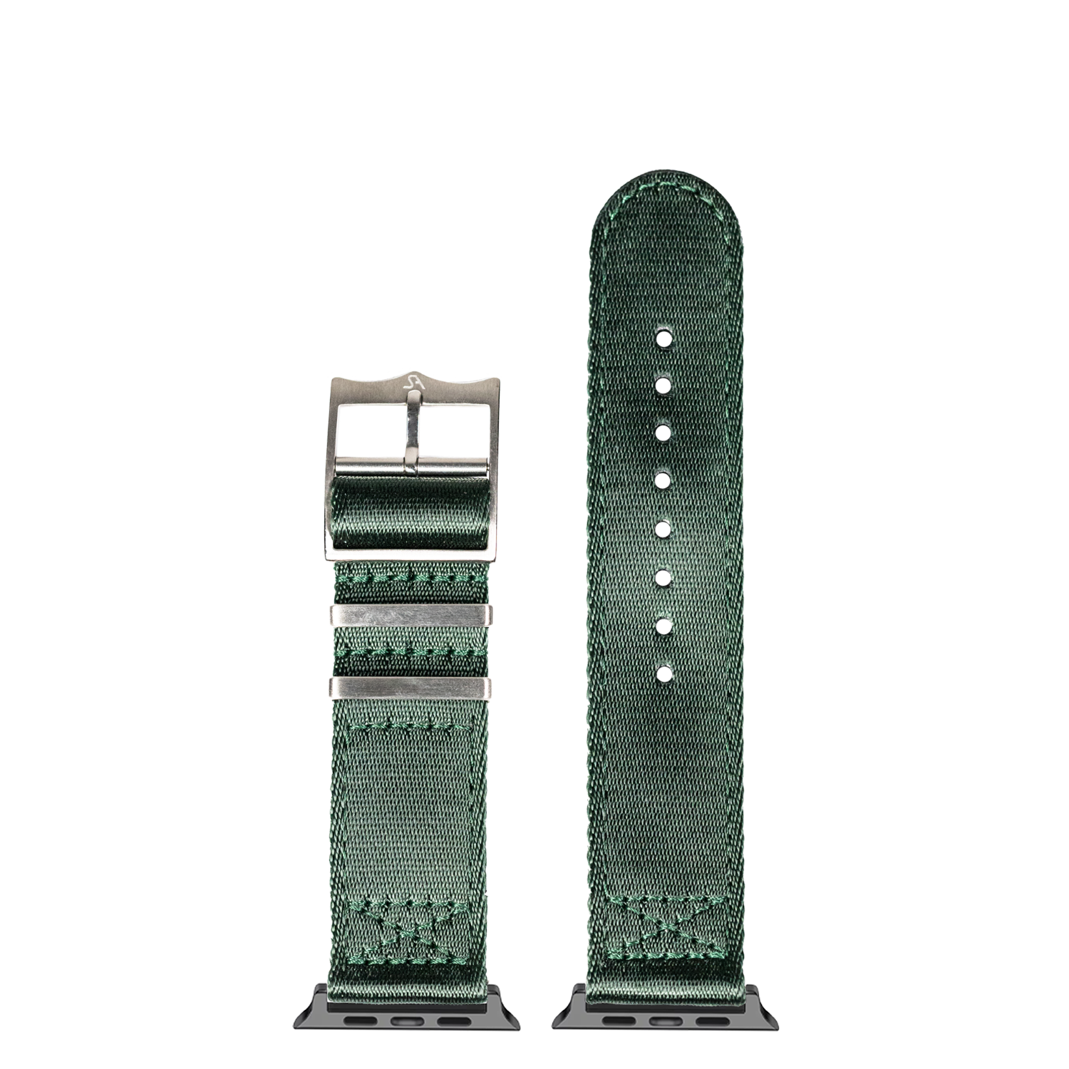 Forest green woven fabric Apple Watch band with gunmetal buckle and connector, shown both attached and detached on white background