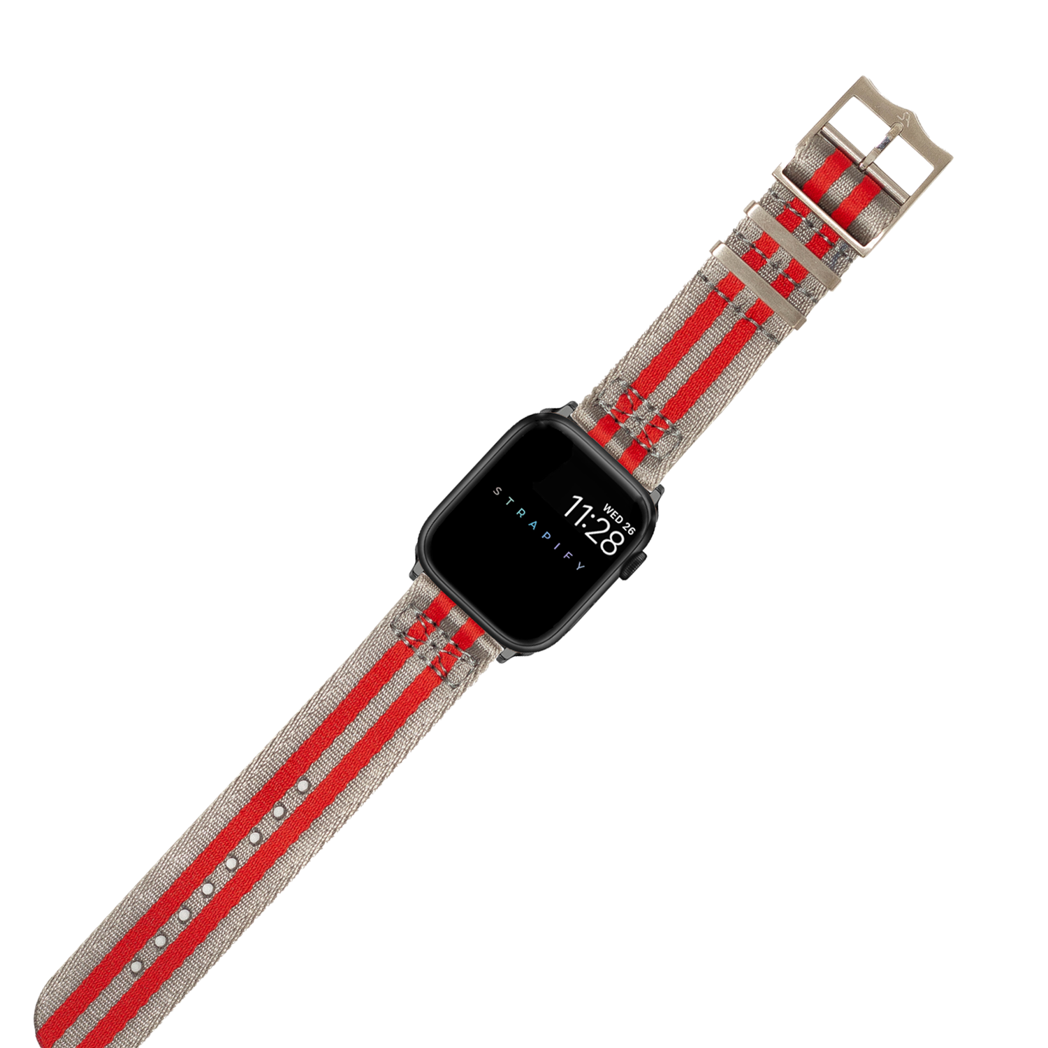 Apple Watch Ultra smartwatch with grey and red military-style Militex fabric strap and black case
