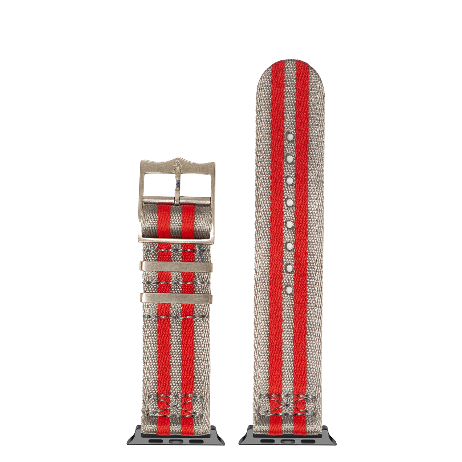 Gray and red striped fabric watch band with metal buckle and connector lugs for Apple Watch Ultra