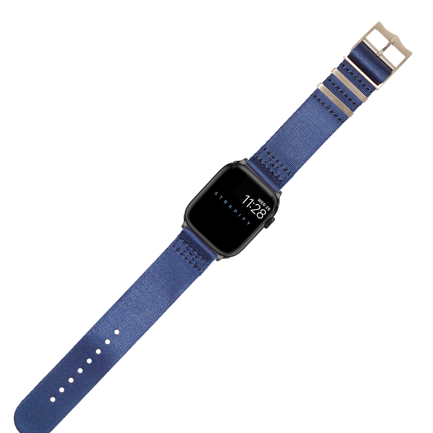 Navy blue fabric watch band with beige buckle for Apple Watch, featuring striped pattern and adjustment holes