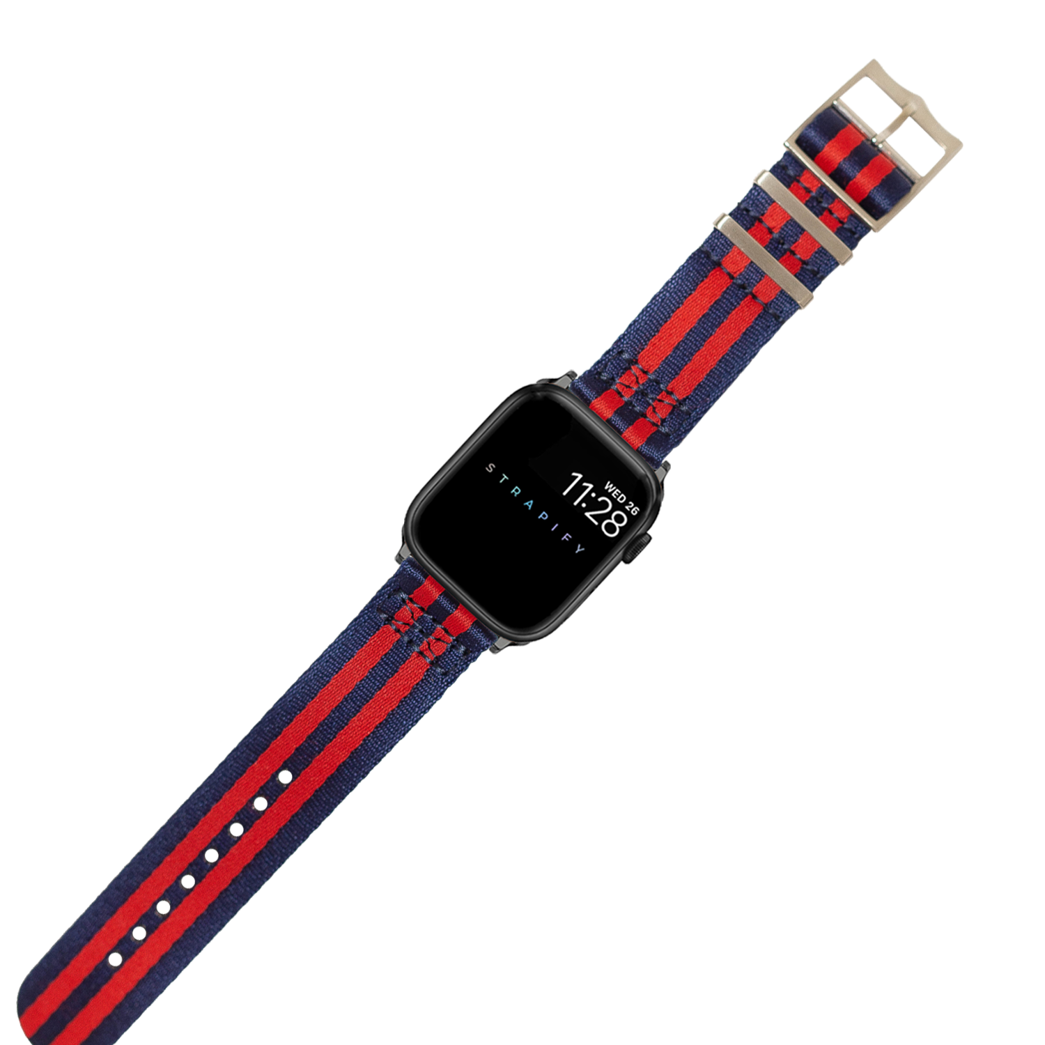 Black smartwatch with navy blue and red striped fabric band, stainless steel buckle, digital display showing time and Strabify branding