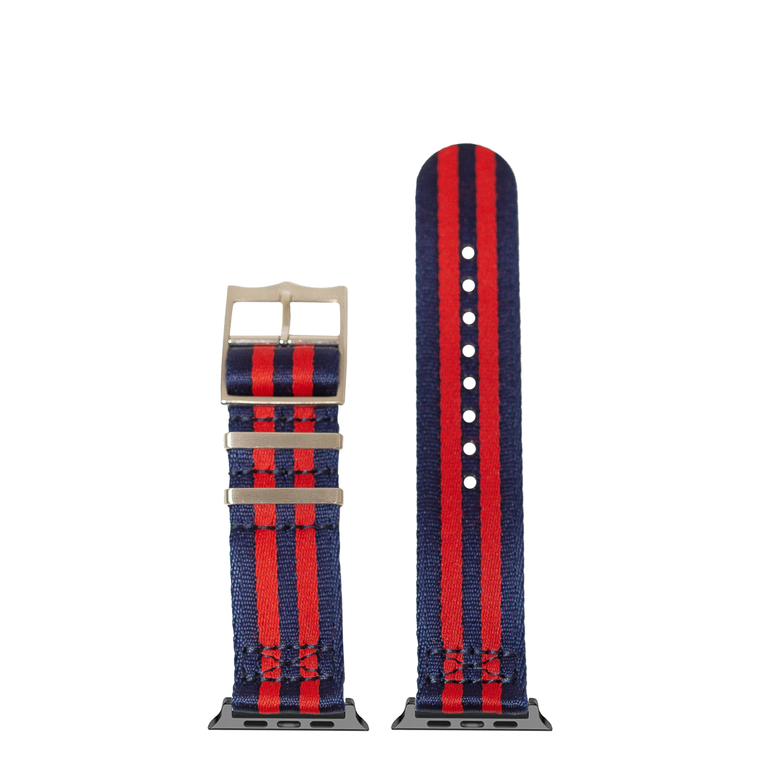 Navy blue and red striped fabric watch band with metal buckle and smartwatch adapter, shown folded and extended