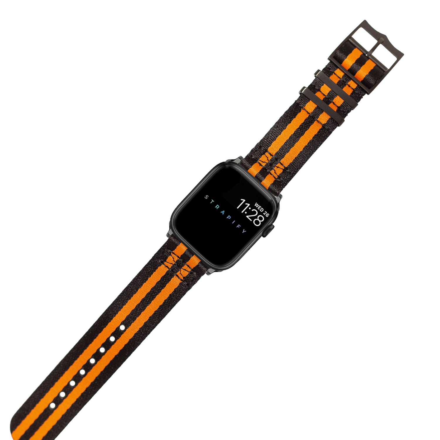 Black and orange striped Apple Watch band with black square watch case displaying Stratify time