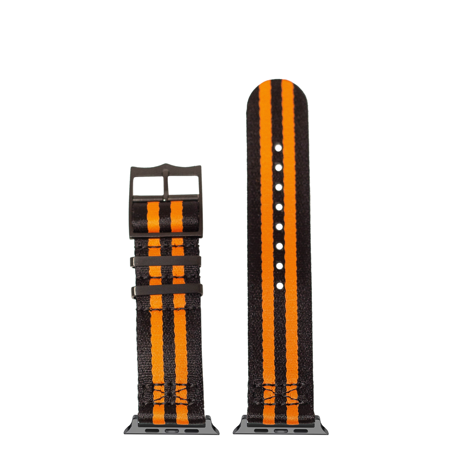 Black and orange striped nylon watch band with metal hardware for Apple Watch Ultra, shown in two sizes with deployment clasp