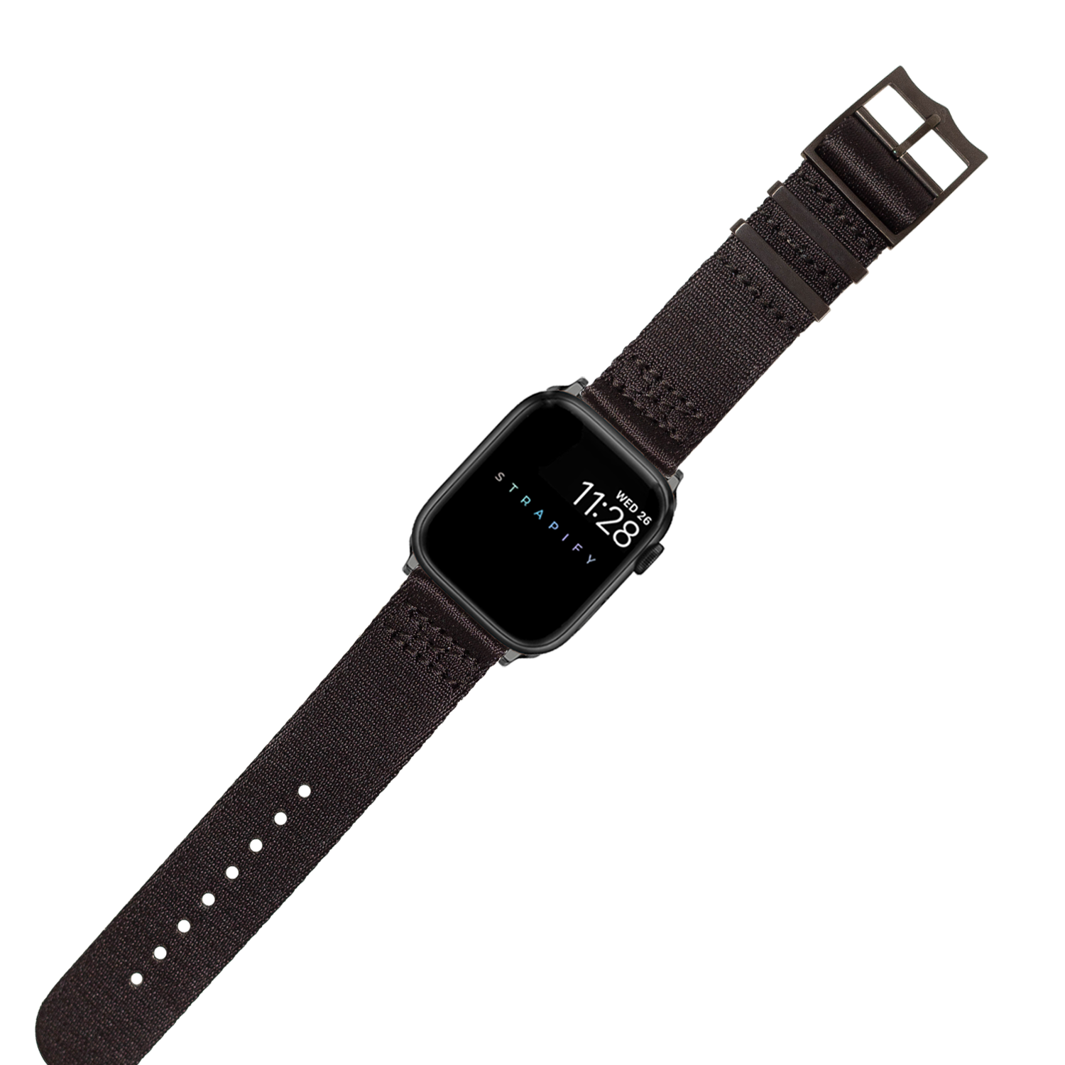 Black fabric smartwatch band with metal buckle and square black watch face displaying time and Stratify branding