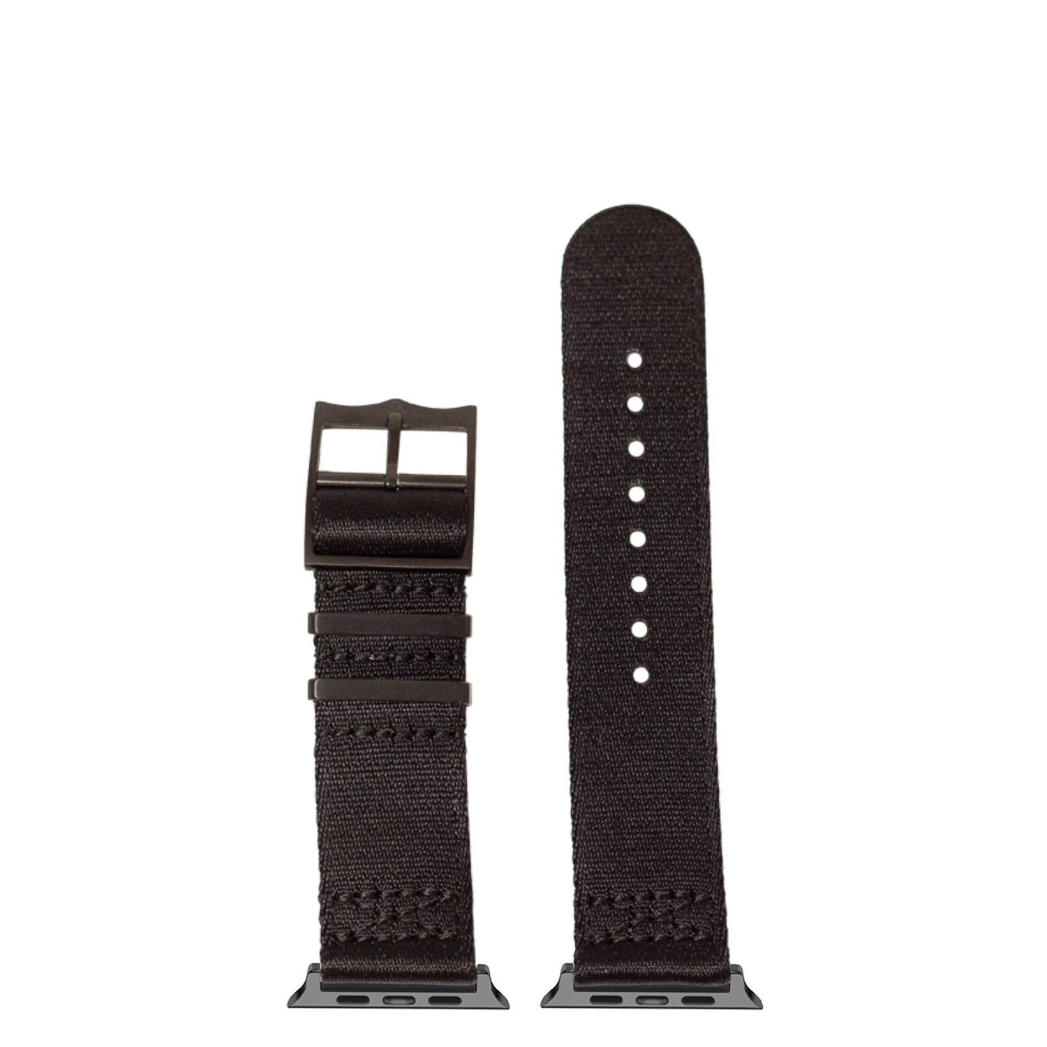 Black canvas Apple Watch band with metal buckle and connector lugs, shown assembled and unassembled views