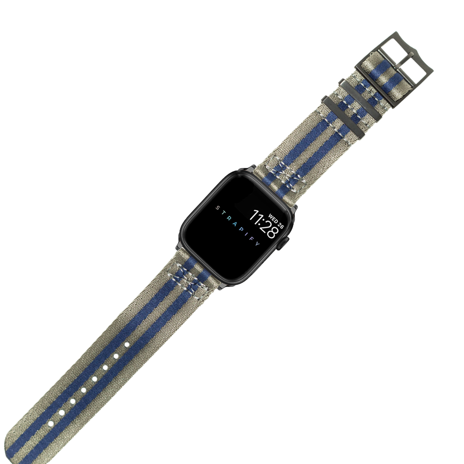 Apple Watch Ultra smartwatch with Militex stealth blue and gray woven fabric strap and black steel case hardware