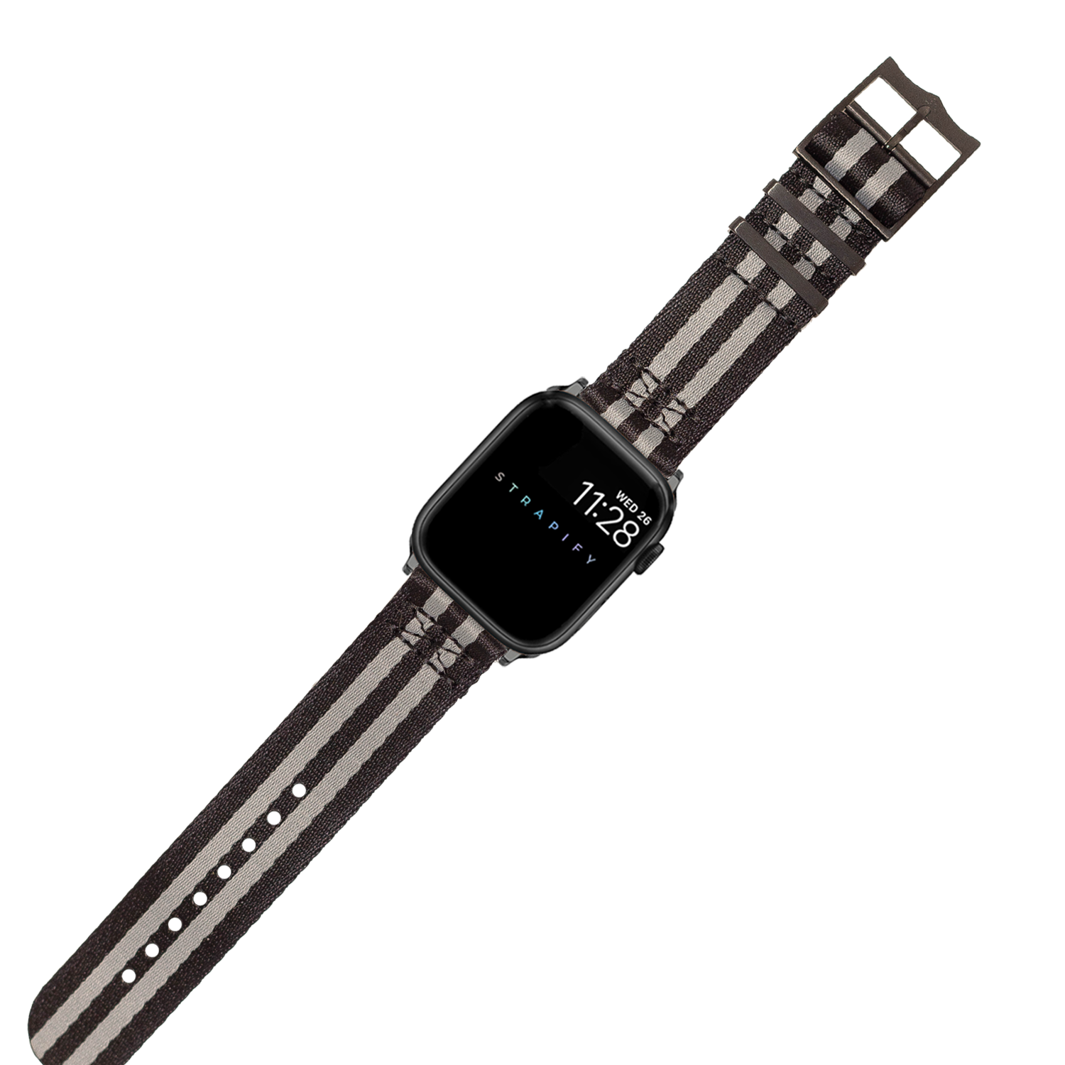 Black and grey striped smartwatch band with black hardware buckle and square watch face displaying time