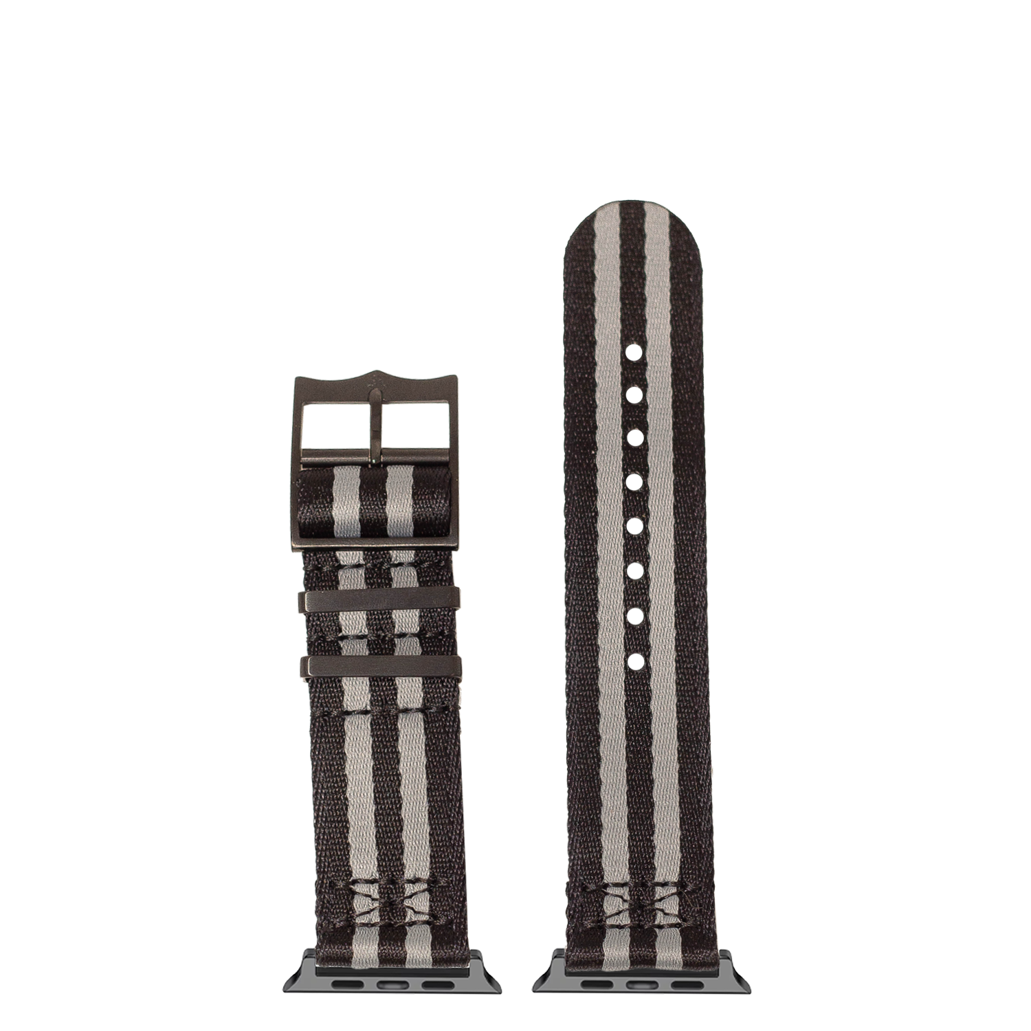 Black and grey striped military-style watch band with black hardware and connector for Apple Watch Ultra smartwatch