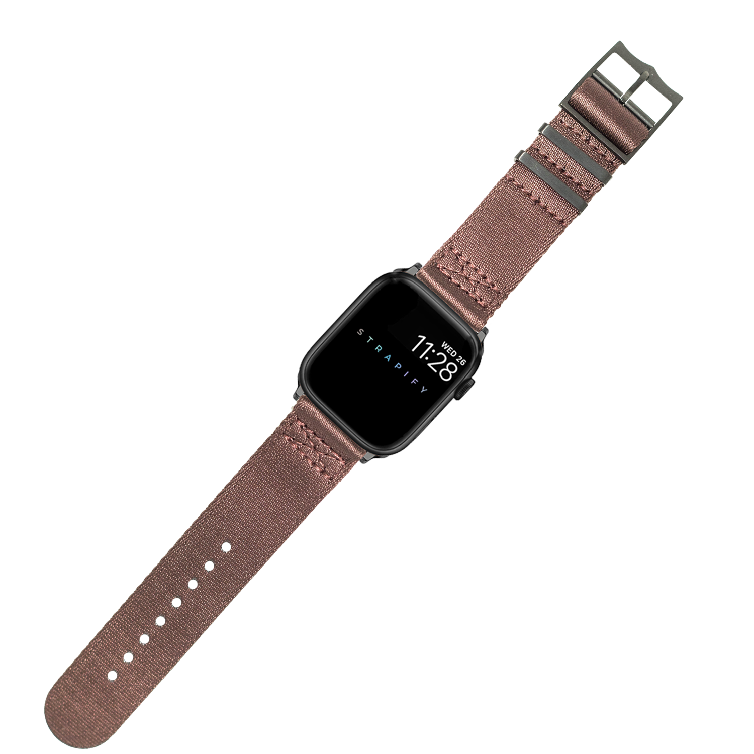 Black smartwatch with square face on brown canvas strap with metal buckle, displaying time 17:28