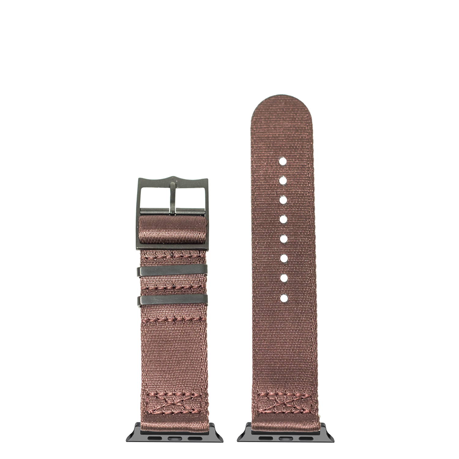 Brown woven fabric Apple Watch band with black hardware and connector, shown assembled and flat lay view