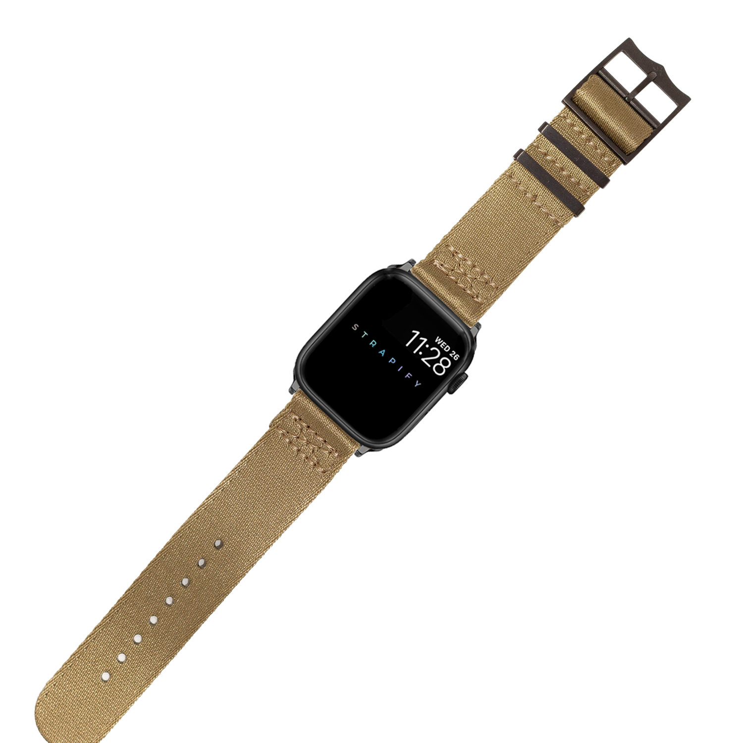 Black smartwatch with square display and tan canvas strap featuring brown hardware buckle on white background
