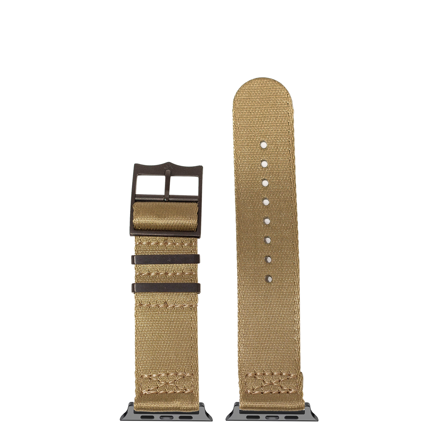 Tan fabric Apple Watch band with black hardware buckle and connector, shown folded and unfolded display view