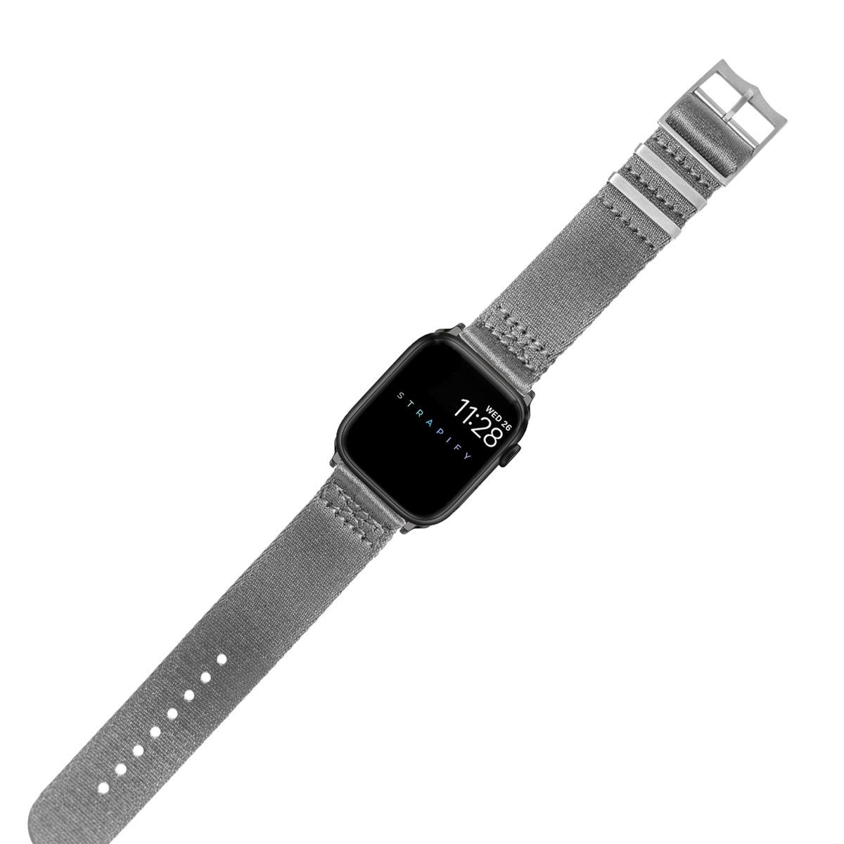 Stradiv Ultra Militex smartwatch with grey canvas strap and black square case displaying time 7:28