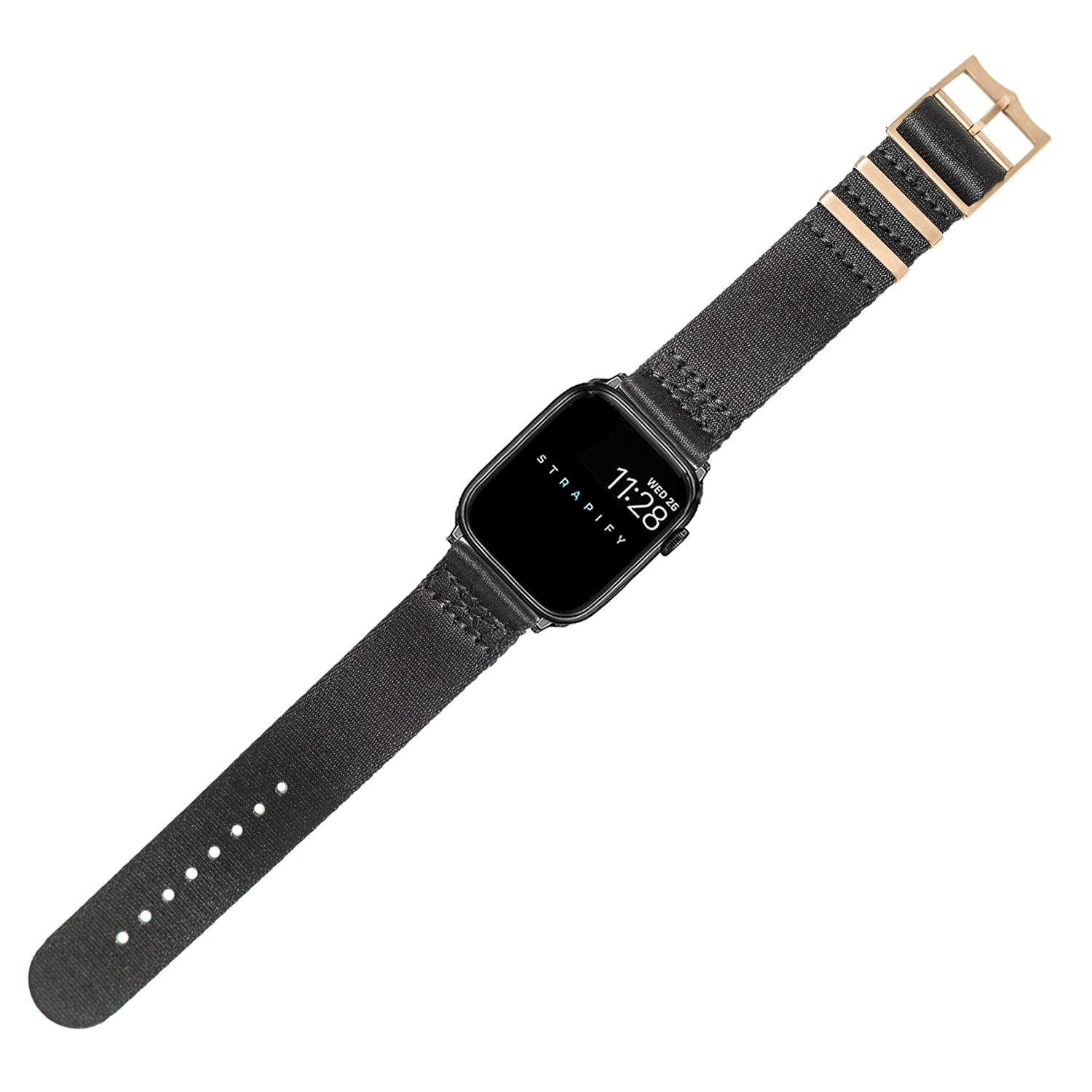 Black fabric smartwatch band with rose gold buckle hardware, Militex style replacement strap for Apple Watch Ultra
