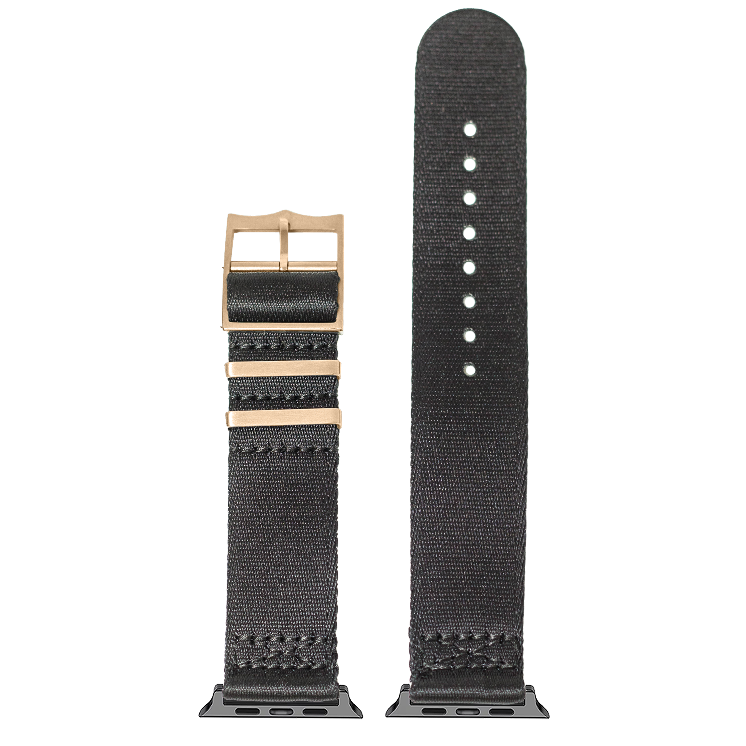 Black woven fabric Apple Watch band with rose gold hardware and connector, shown extended and coiled with adjustment holes visible