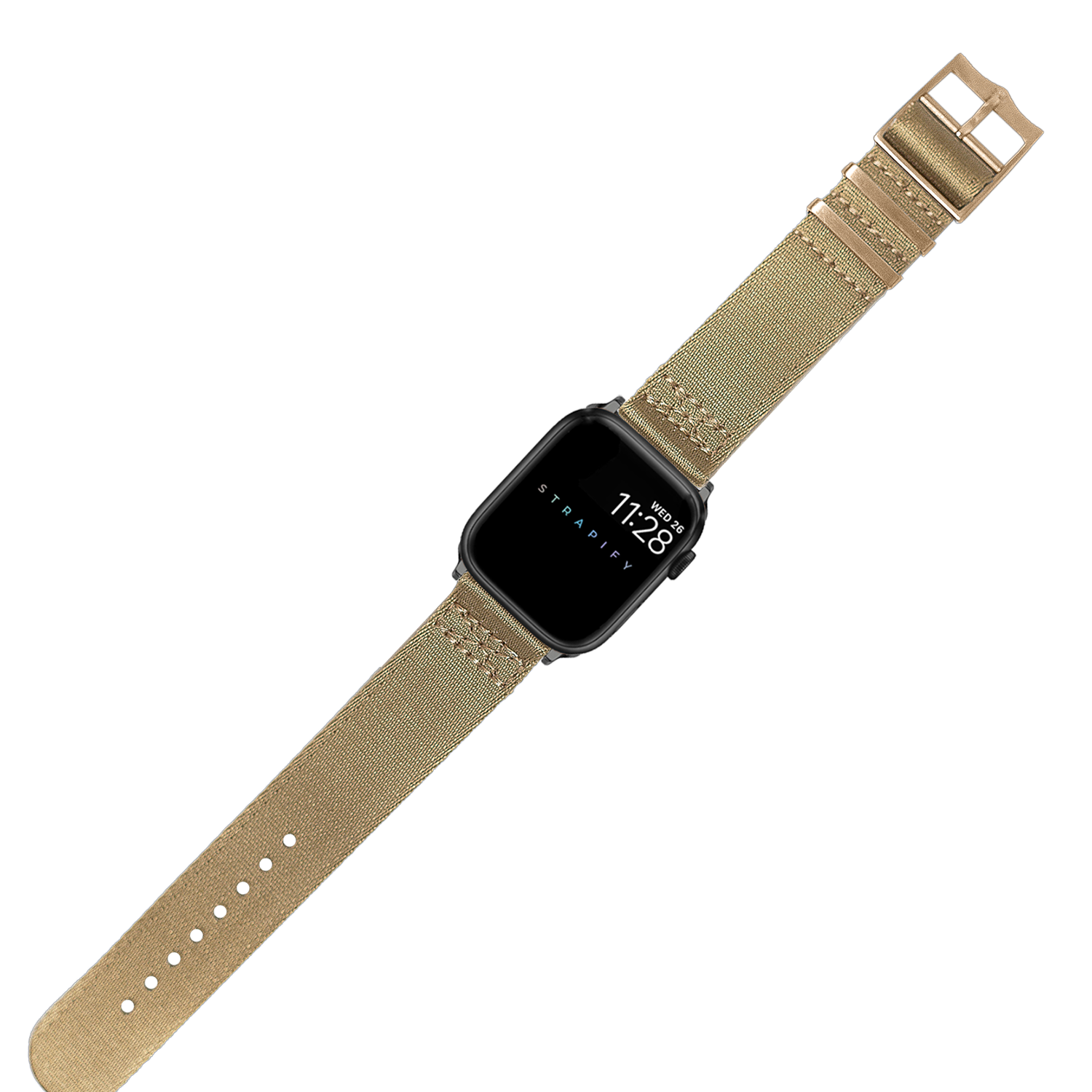 Black smartwatch with tan canvas strap and rose gold hardware displaying time 7:28, Strapply military-style watch band