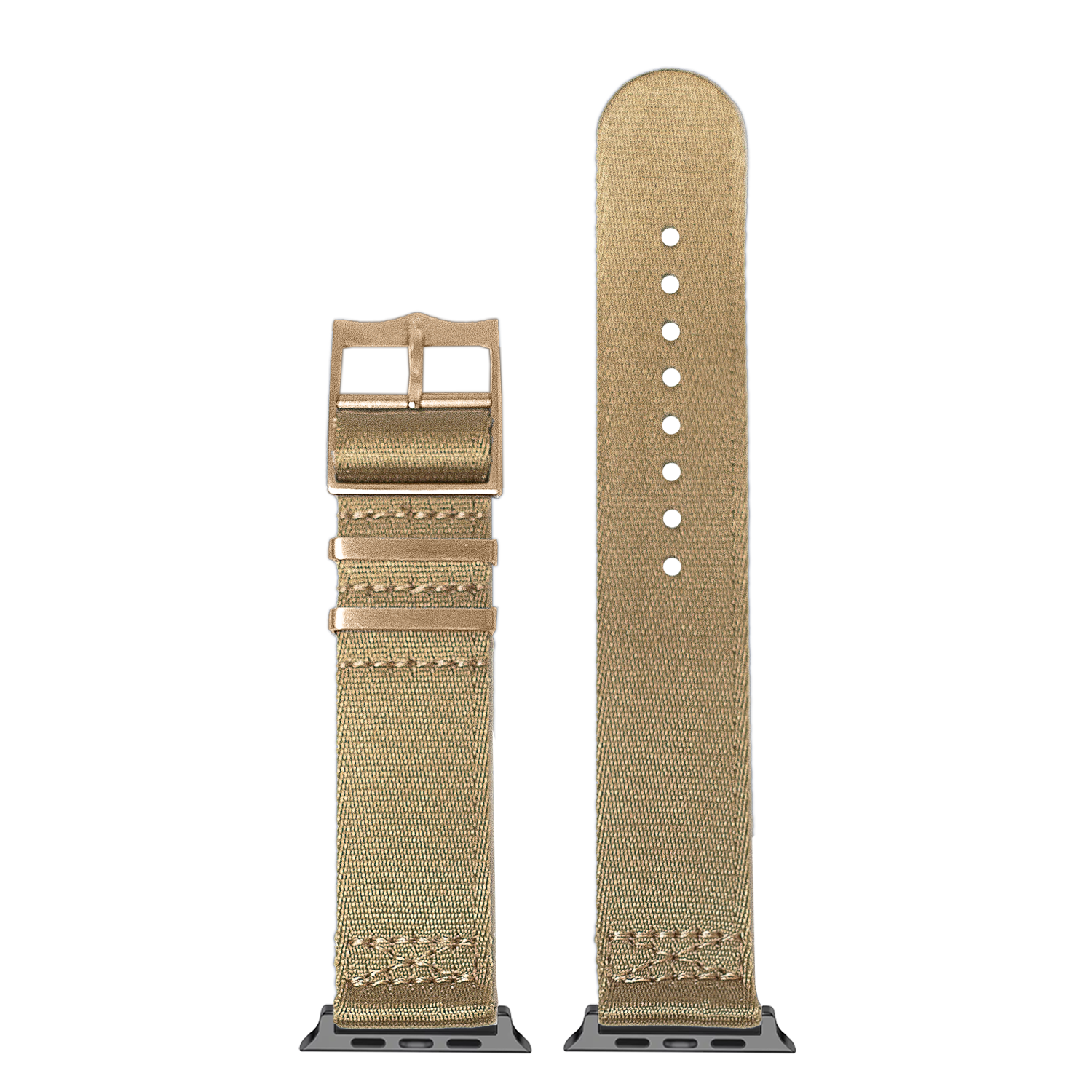 Tan fabric Apple Watch band with rose gold buckle and connector adapter, featuring adjustable perforated design for ultra series smartwatch