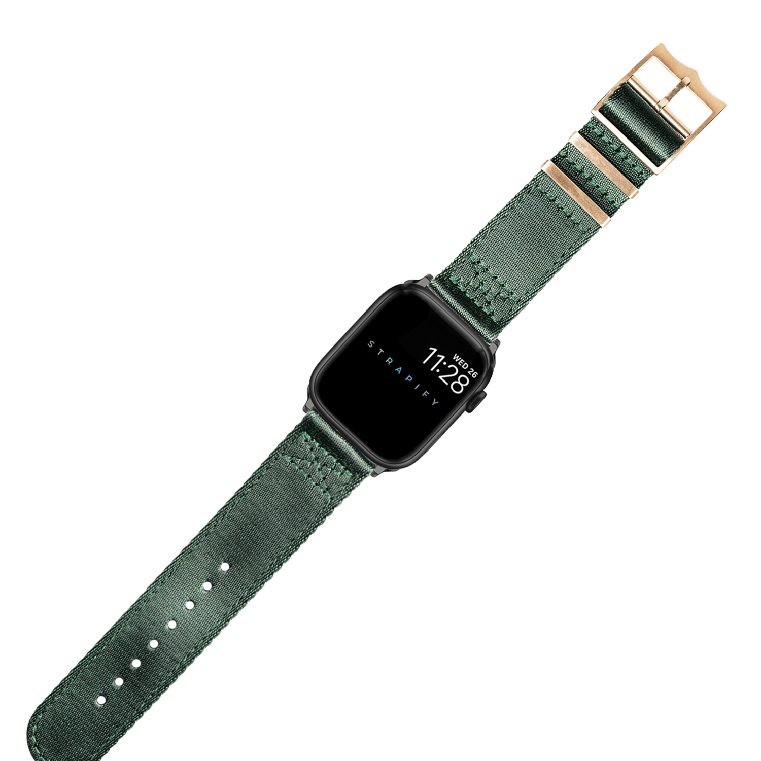 Smartwatch with black square face displaying time, forest green canvas band with rose gold hardware and buckle