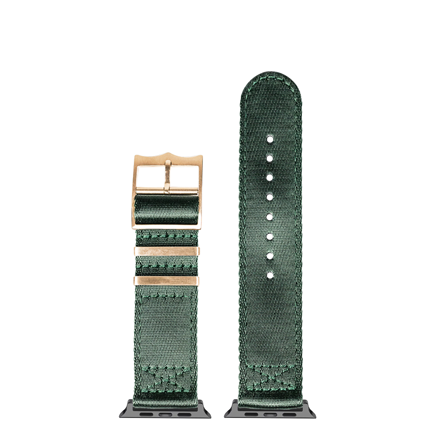 Forest green canvas Apple Watch Ultra band with rose gold buckle hardware, shown assembled and unrolled