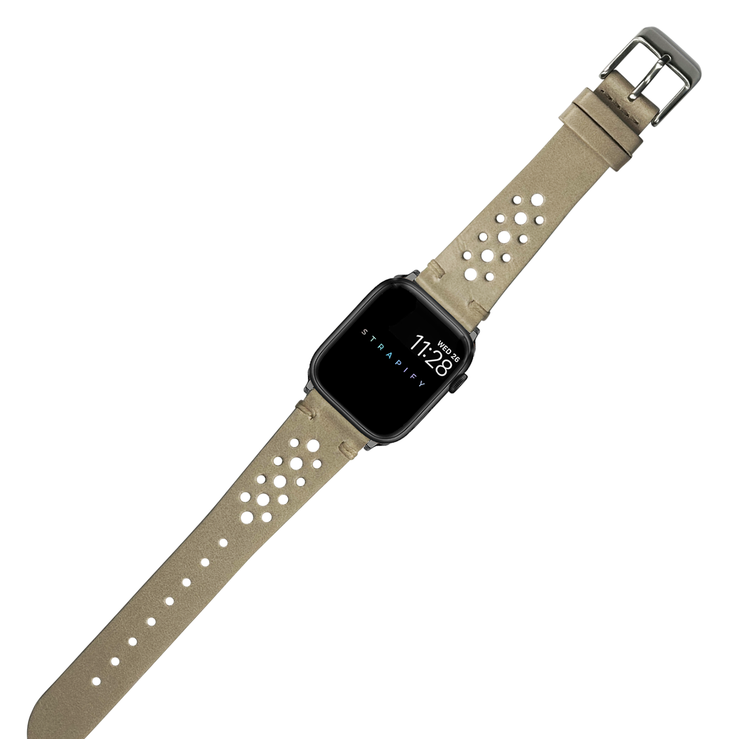 Cream vintage rally leather Apple Watch band with perforated design and gunmetal buckle on black smartwatch face