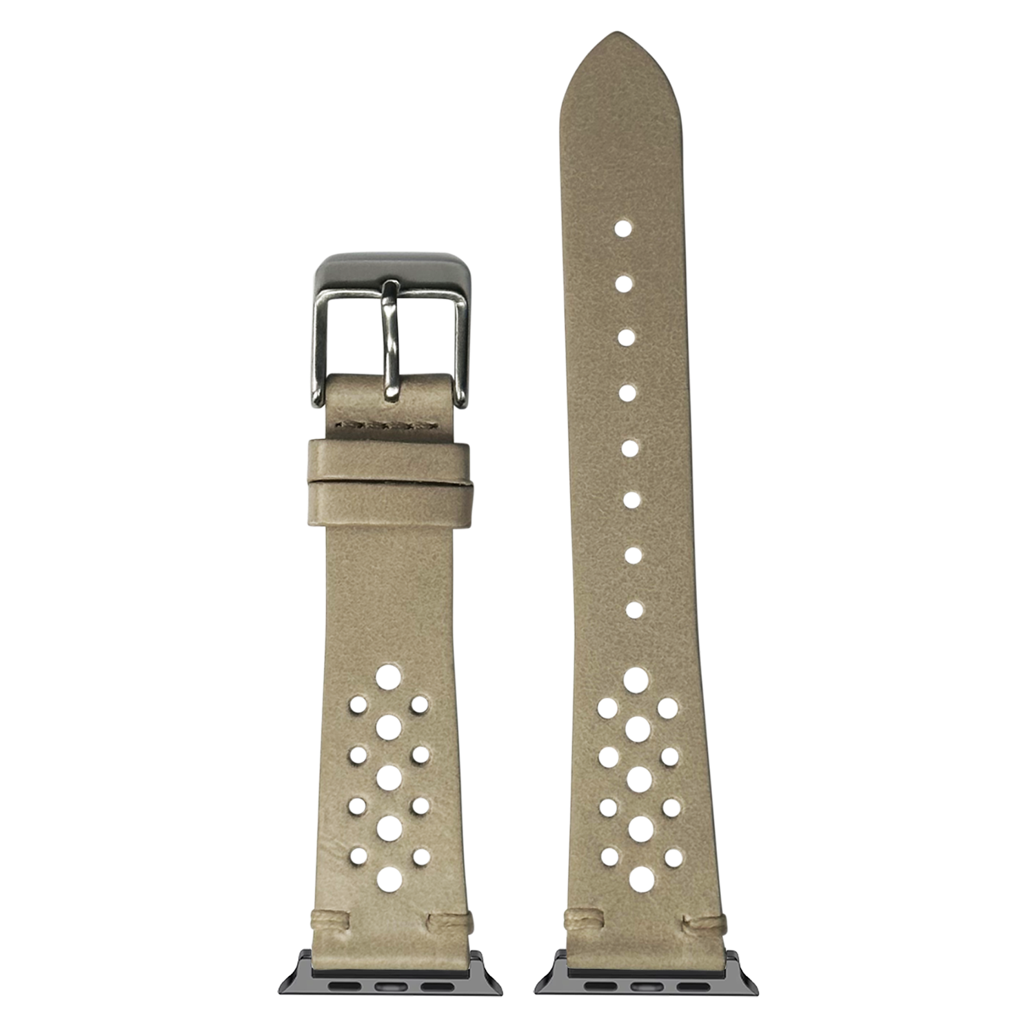 Cream vintage rally leather Apple Watch band with perforated details and gunmetal buckle, shown front and back