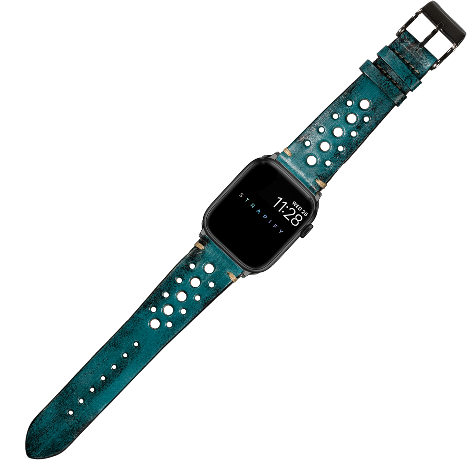 Teal leather smartwatch band with silver studs and black buckle for Apple Watch
